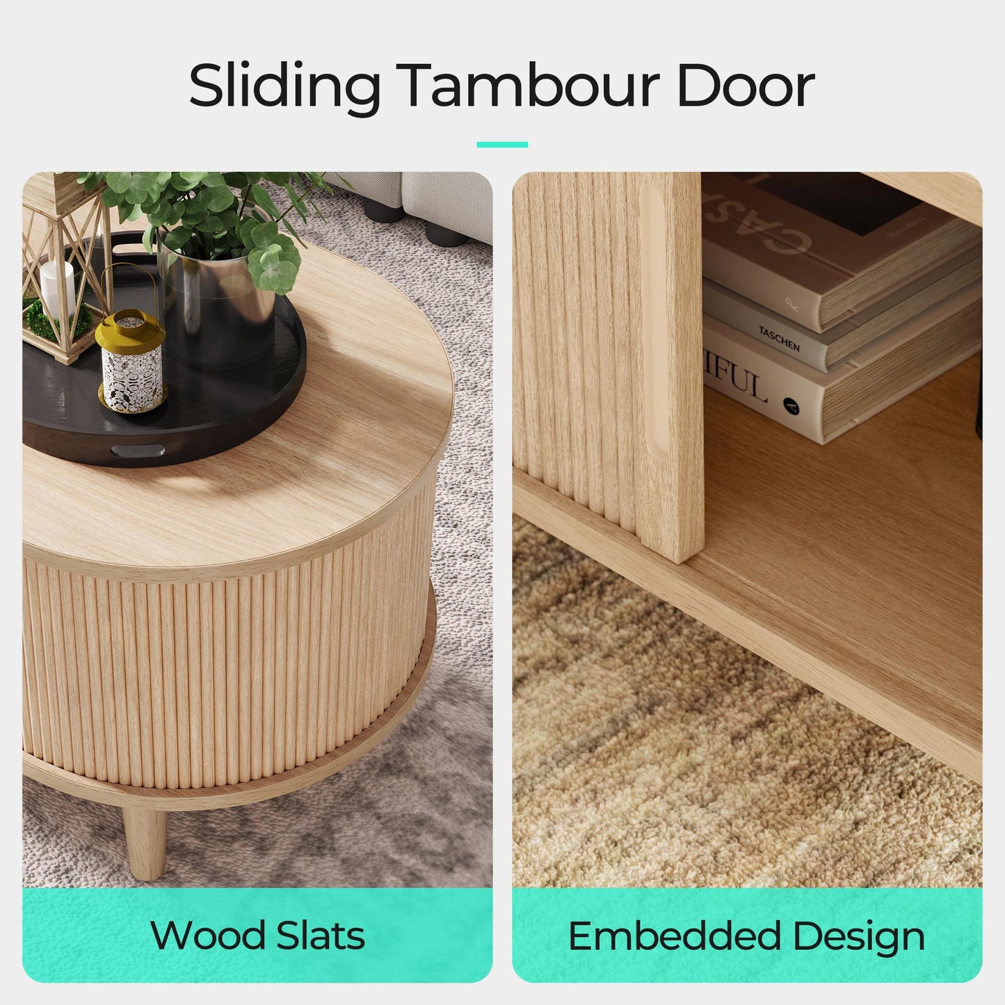 Fluted Coffee Table with Storage, Mid-Century Coffee Table for Living Room with Sliding Tambour Door