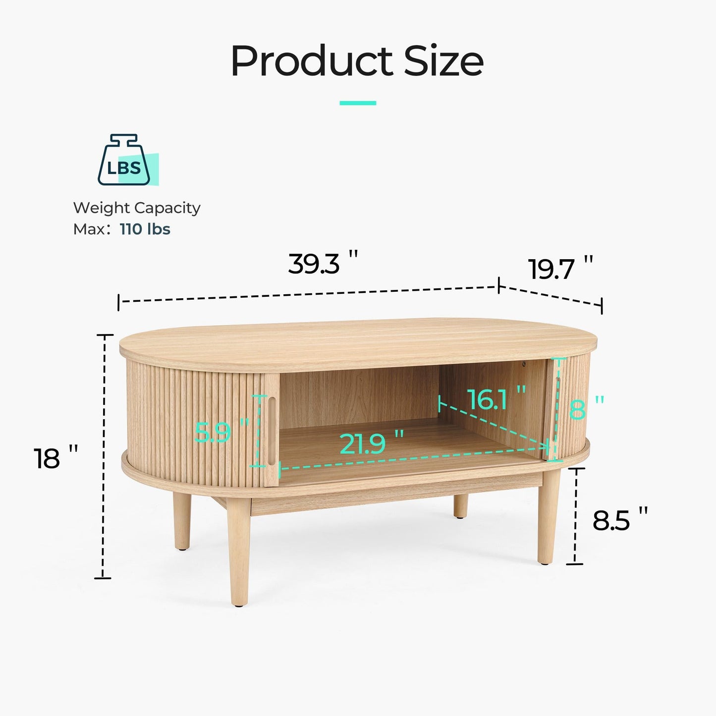 Fluted Coffee Table with Storage, Mid-Century Coffee Table for Living Room with Sliding Tambour Door