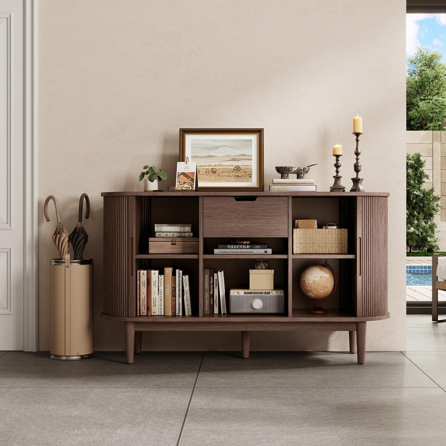 Fluted Pantry Storage Cabinet with Sliding Tambour Door, Wide Kitchen Cabinet with Removable & Adjustable Shelves for Dining Room, Living Room, or Bathroom