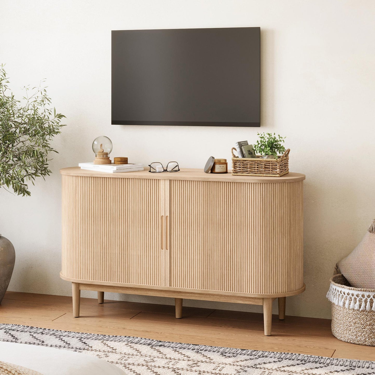 Fluted Pantry Storage Cabinet with Sliding Tambour Door, Wide Kitchen Cabinet with Removable & Adjustable Shelves for Dining Room, Living Room, or Bathroom