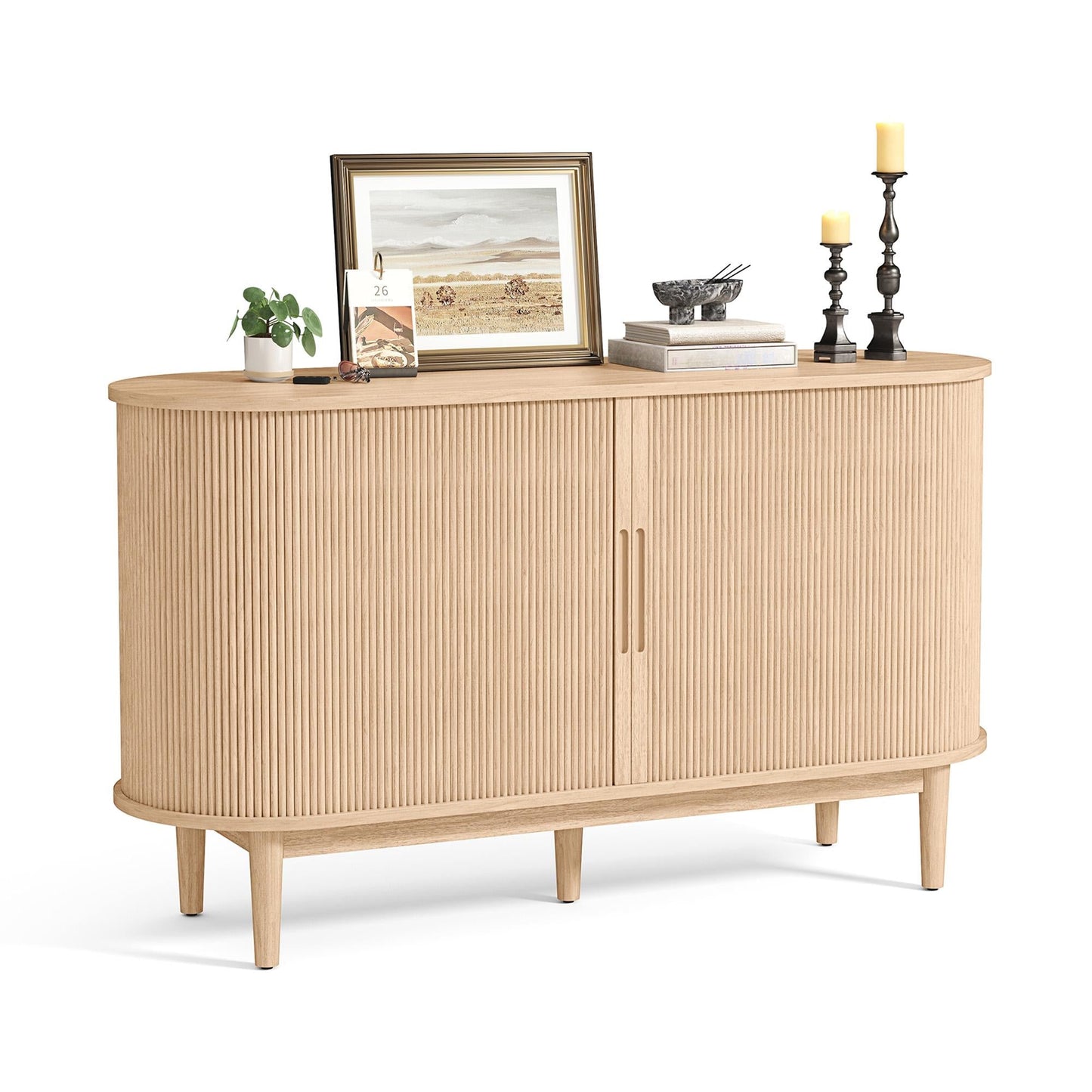 Fluted Pantry Storage Cabinet with Sliding Tambour Door, Wide Kitchen Cabinet with Removable & Adjustable Shelves for Dining Room, Living Room, or Bathroom