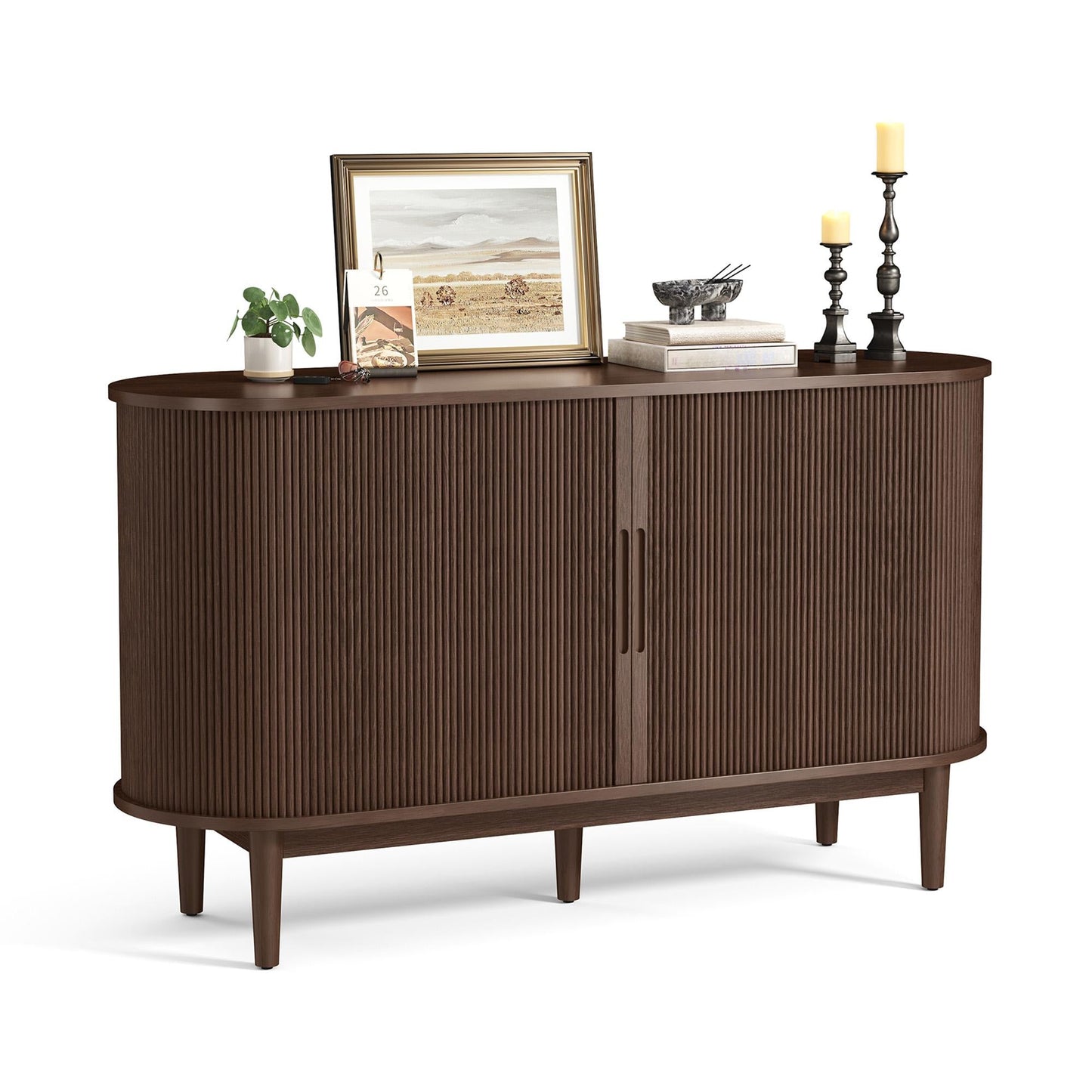 Fluted Pantry Storage Cabinet with Sliding Tambour Door, Wide Kitchen Cabinet with Removable & Adjustable Shelves for Dining Room, Living Room, or Bathroom