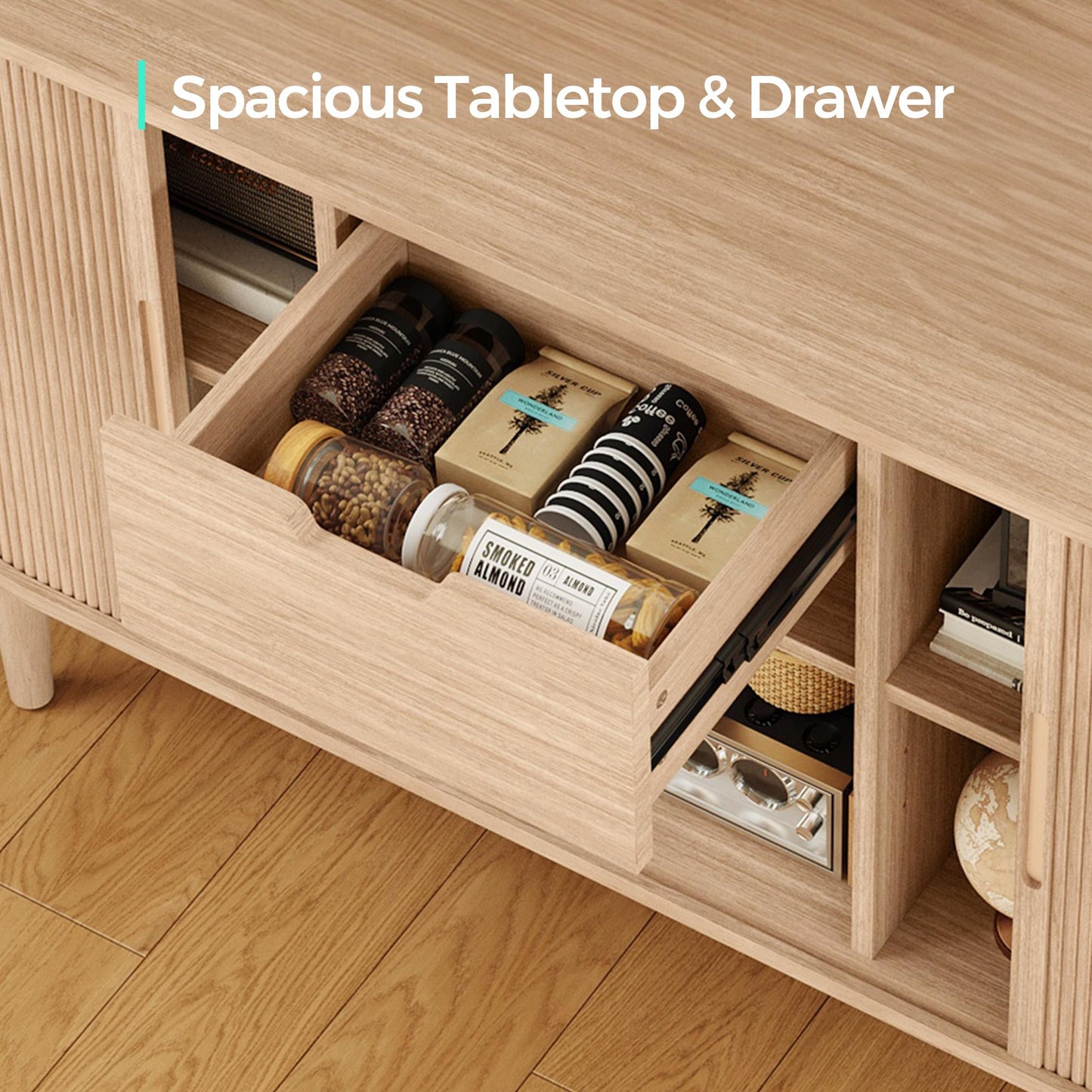 Fluted Pantry Storage Cabinet with Sliding Tambour Door, Wide Kitchen Cabinet with Removable & Adjustable Shelves for Dining Room, Living Room, or Bathroom