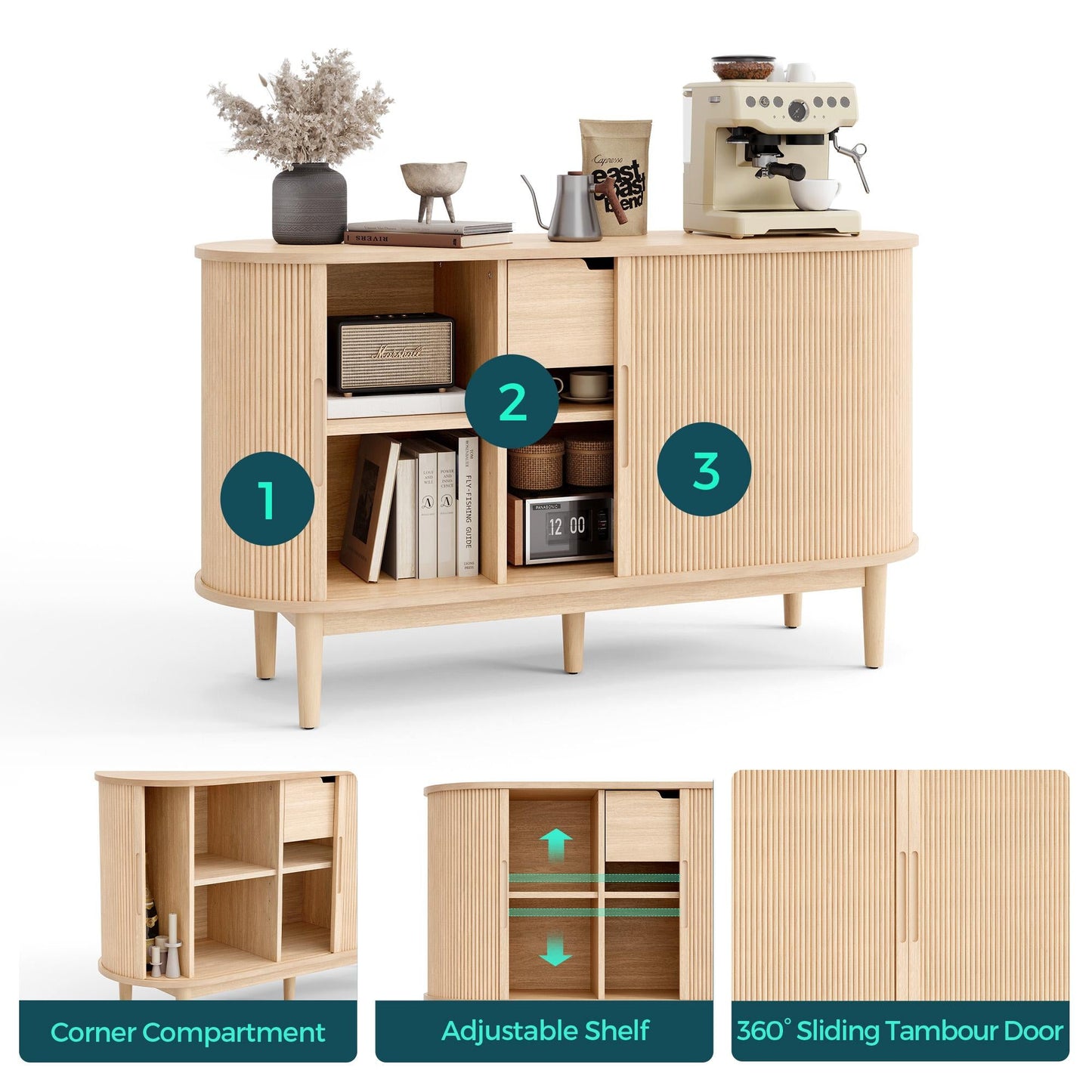 Fluted Pantry Storage Cabinet with Sliding Tambour Door, Wide Kitchen Cabinet with Removable & Adjustable Shelves for Dining Room, Living Room, or Bathroom