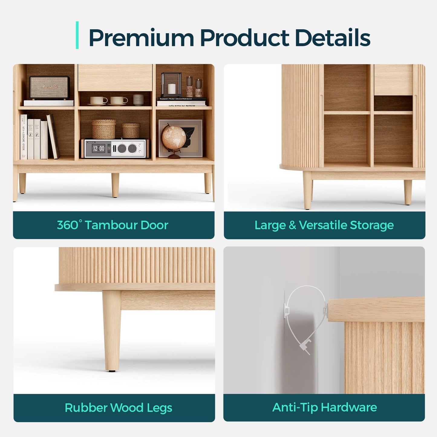 Fluted Pantry Storage Cabinet with Sliding Tambour Door, Wide Kitchen Cabinet with Removable & Adjustable Shelves for Dining Room, Living Room, or Bathroom