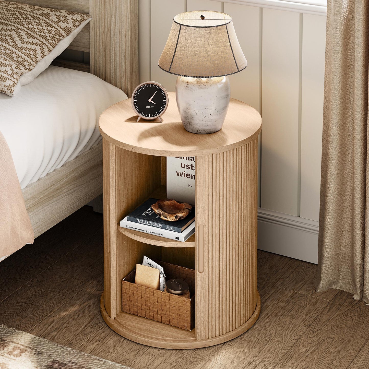 Fluted Round End Table for Living Room or Bedroom, Nightstand with Sliding Tambour Door and Adjustable Shelves