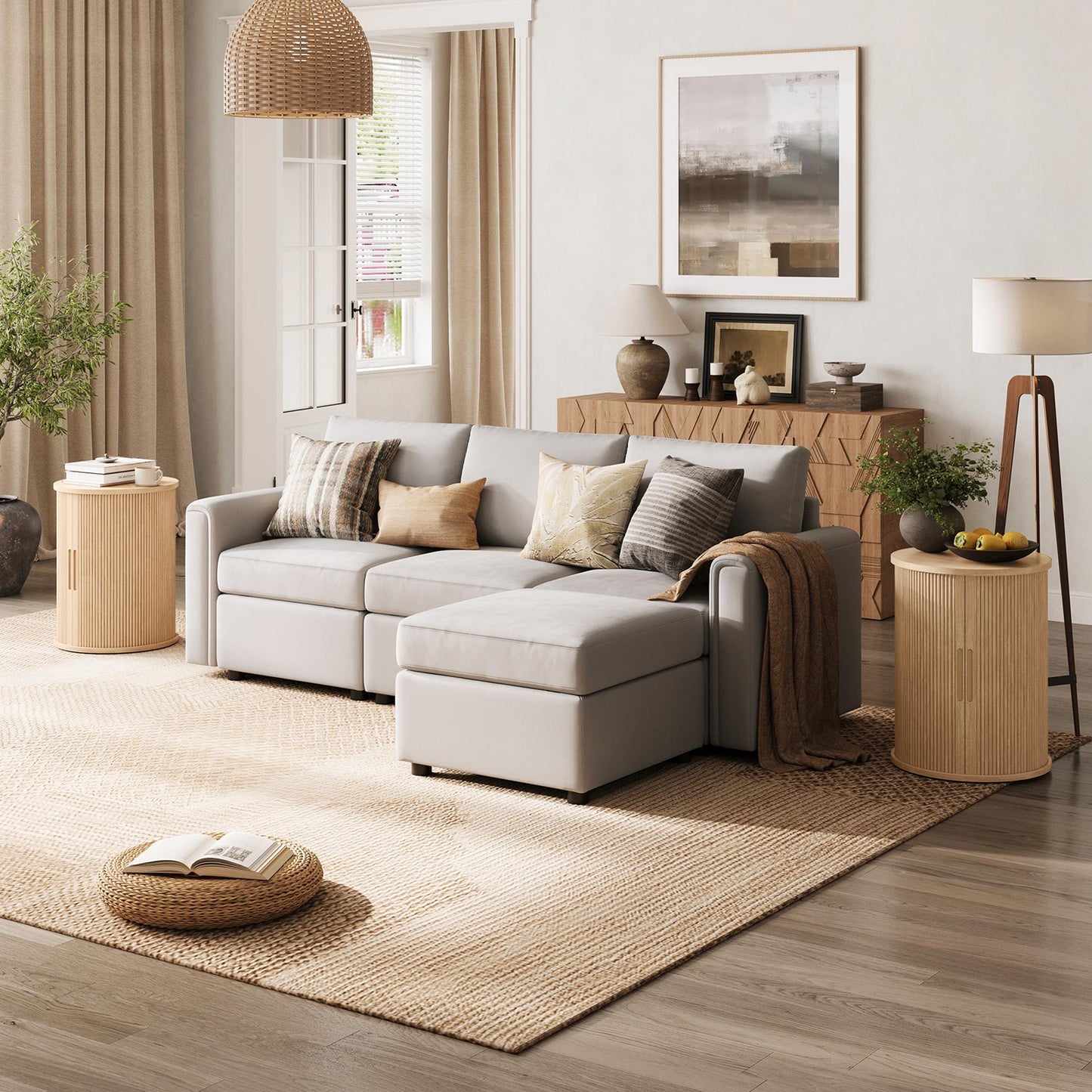 Fluted Round End Table for Living Room or Bedroom, Nightstand with Sliding Tambour Door and Adjustable Shelves