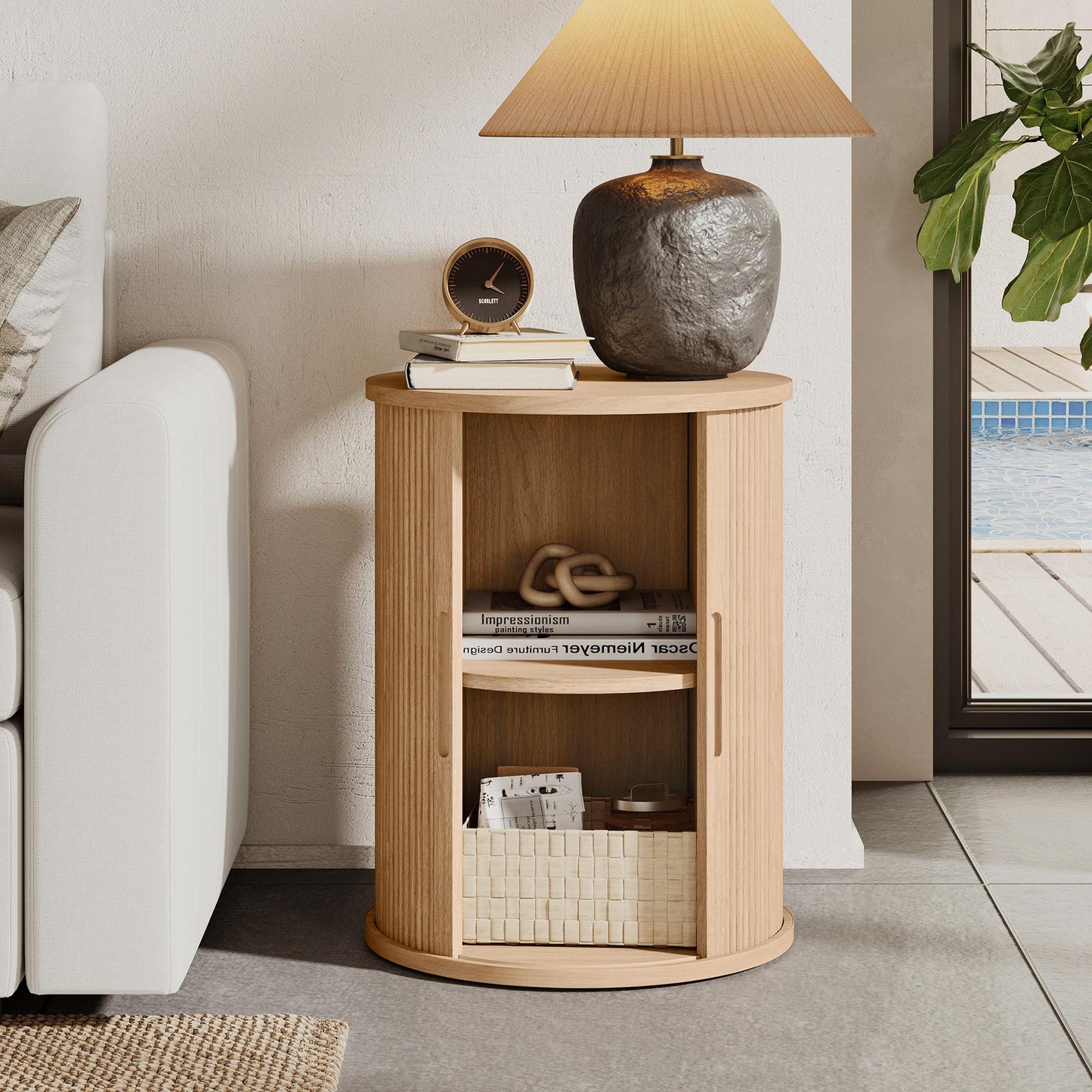 Fluted Round End Table for Living Room or Bedroom, Nightstand with Sliding Tambour Door and Adjustable Shelves