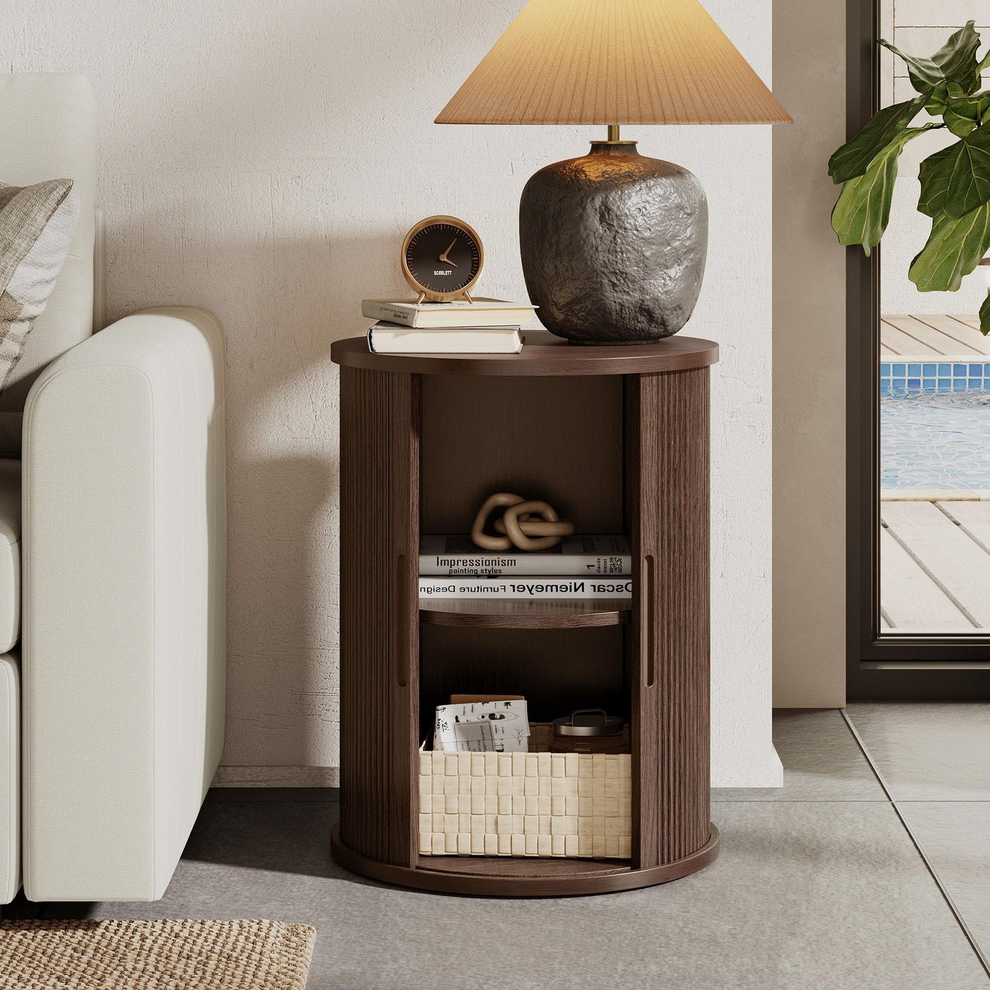 Fluted Round End Table for Living Room or Bedroom, Nightstand with Sliding Tambour Door and Adjustable Shelves