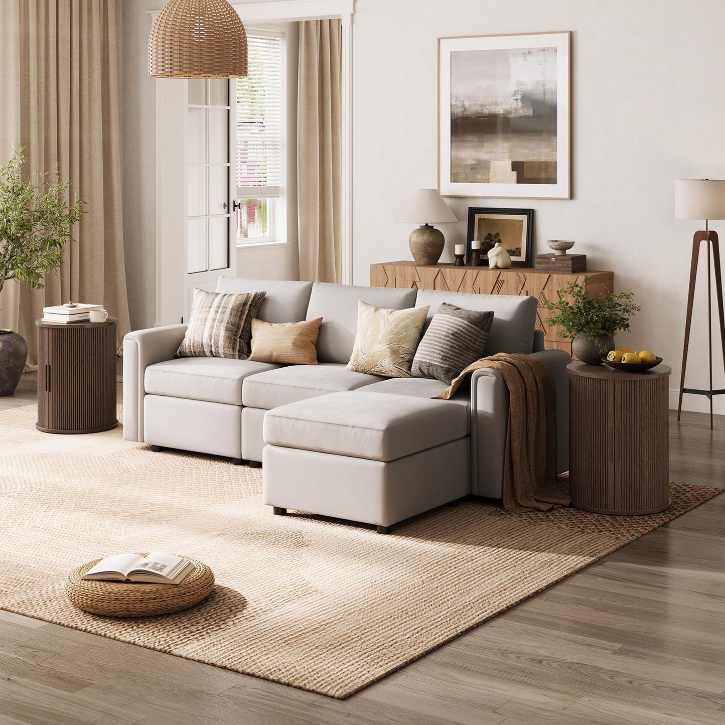 Fluted Round End Table for Living Room or Bedroom, Nightstand with Sliding Tambour Door and Adjustable Shelves