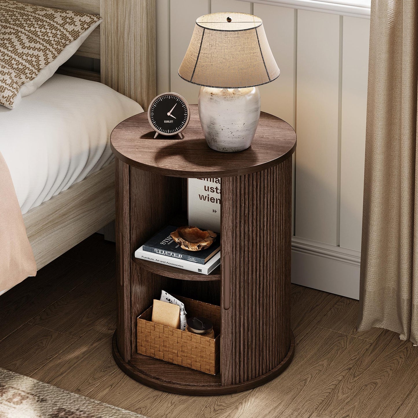 Fluted Round End Table for Living Room or Bedroom, Nightstand with Sliding Tambour Door and Adjustable Shelves