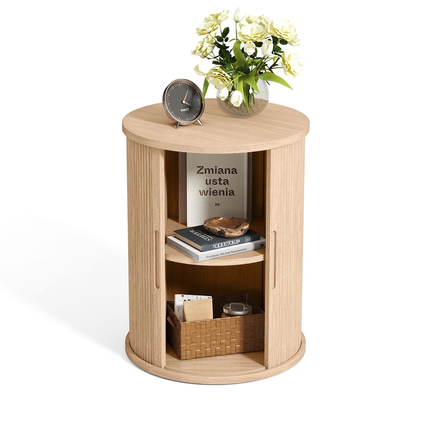 Fluted Round End Table for Living Room or Bedroom, Nightstand with Sliding Tambour Door and Adjustable Shelves