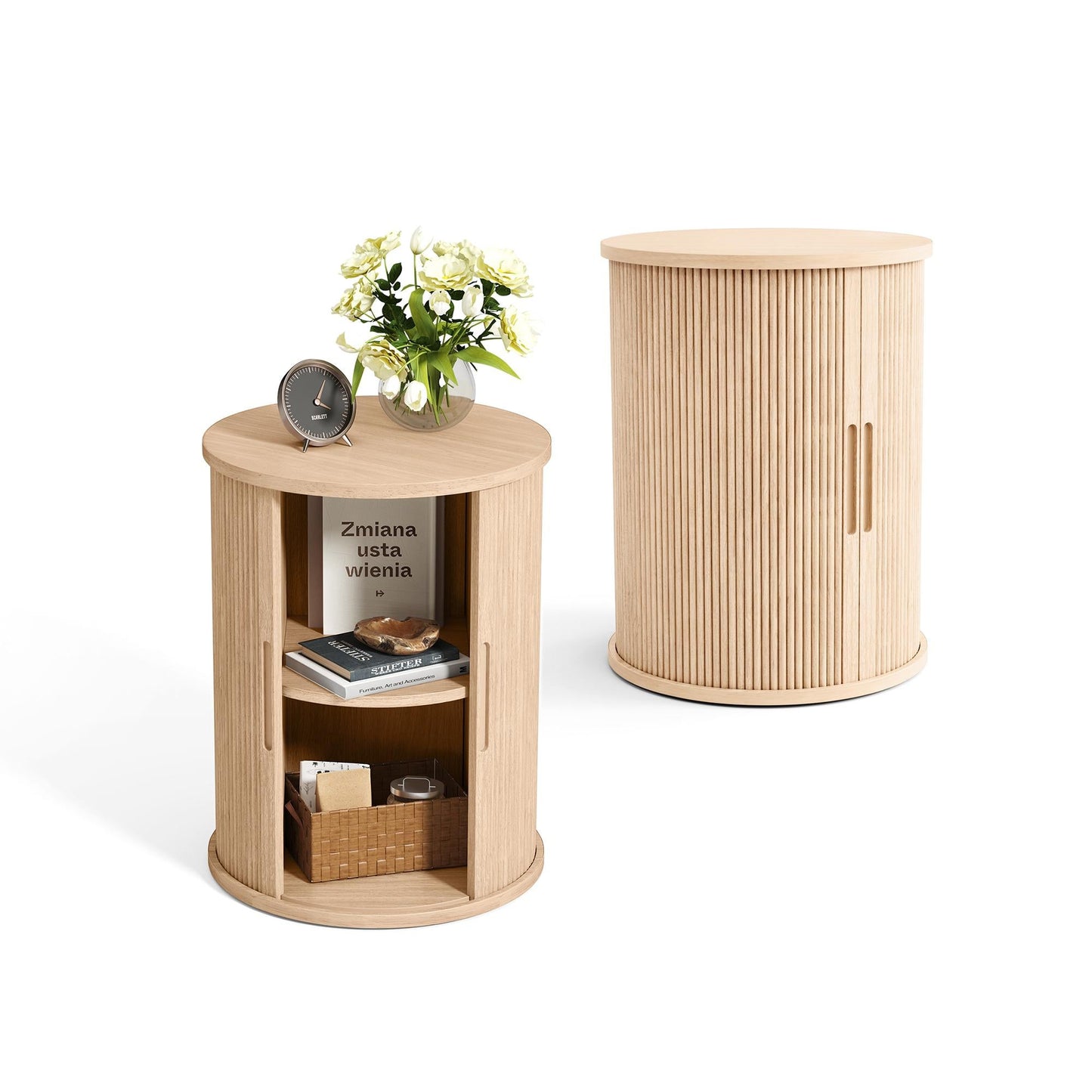 Fluted Round End Table for Living Room or Bedroom, Nightstand with Sliding Tambour Door and Adjustable Shelves