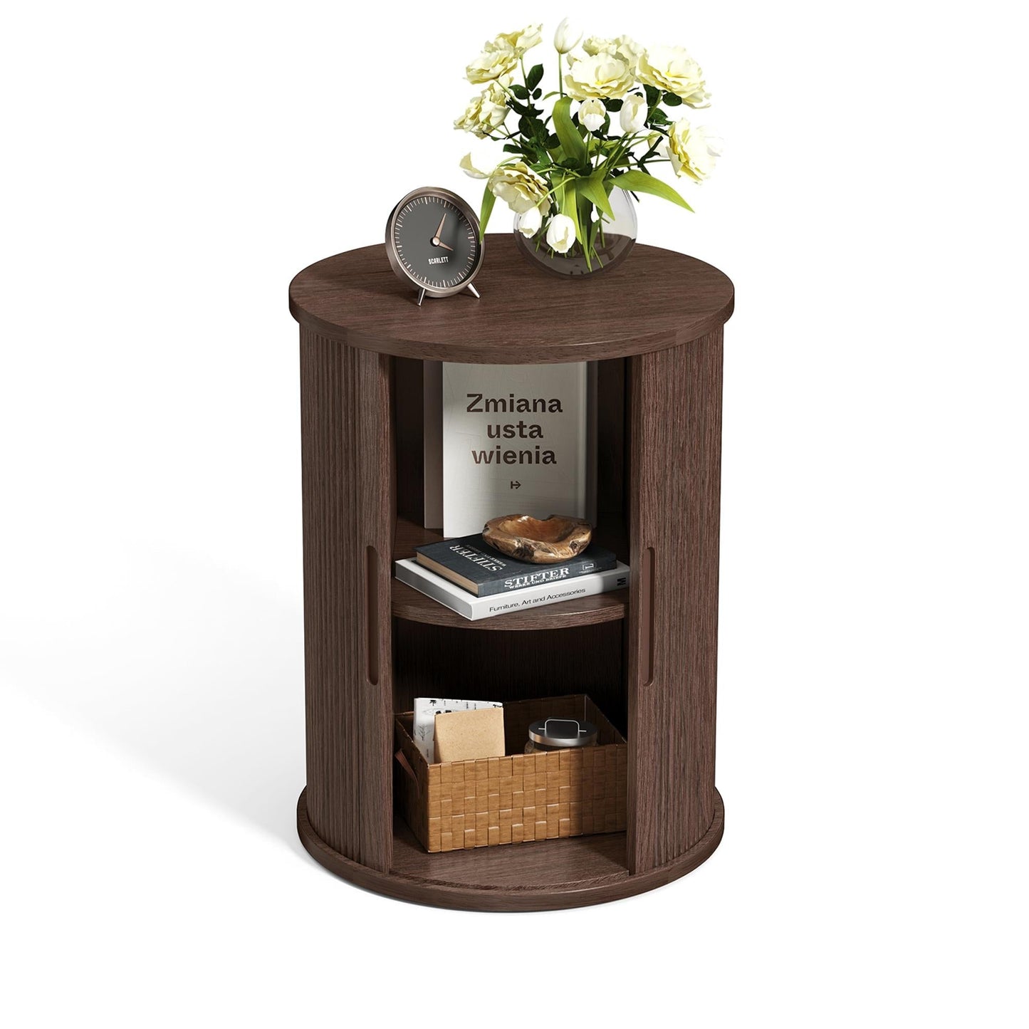 Fluted Round End Table for Living Room or Bedroom, Nightstand with Sliding Tambour Door and Adjustable Shelves