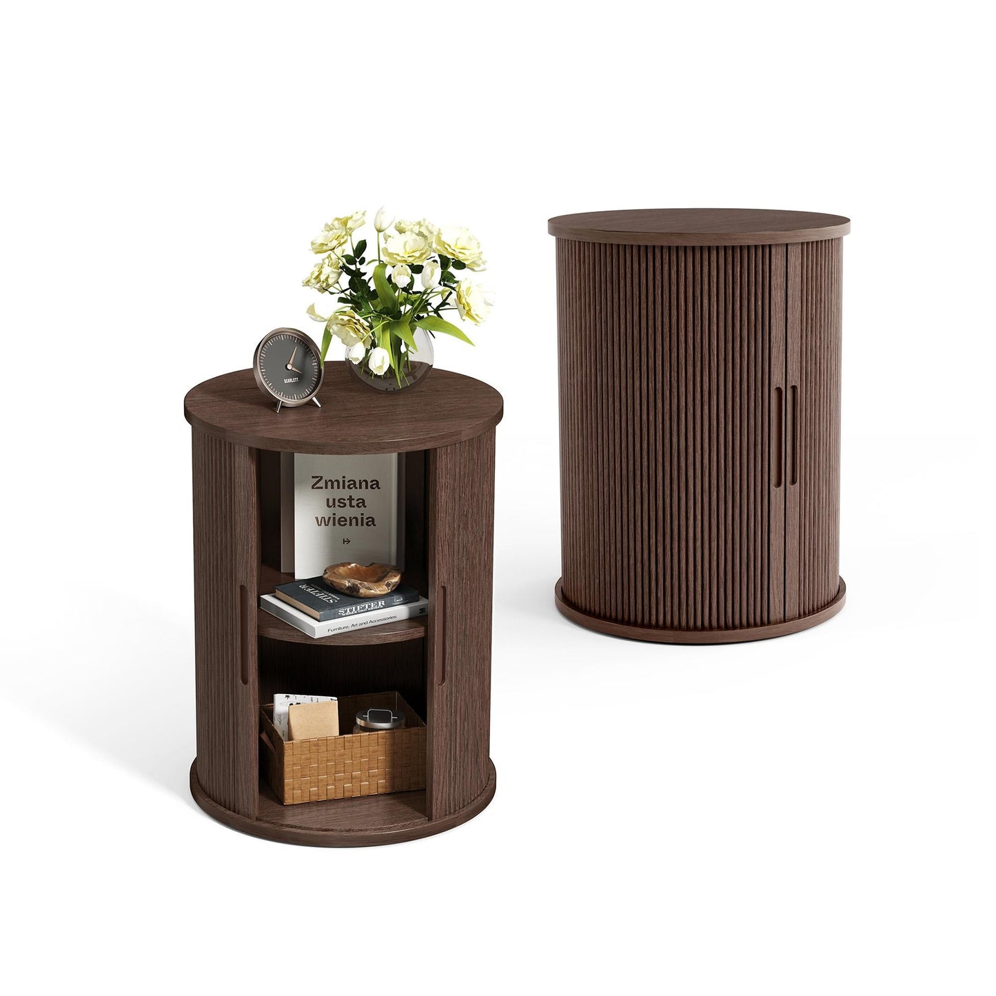 Fluted Round End Table for Living Room or Bedroom, Nightstand with Sliding Tambour Door and Adjustable Shelves