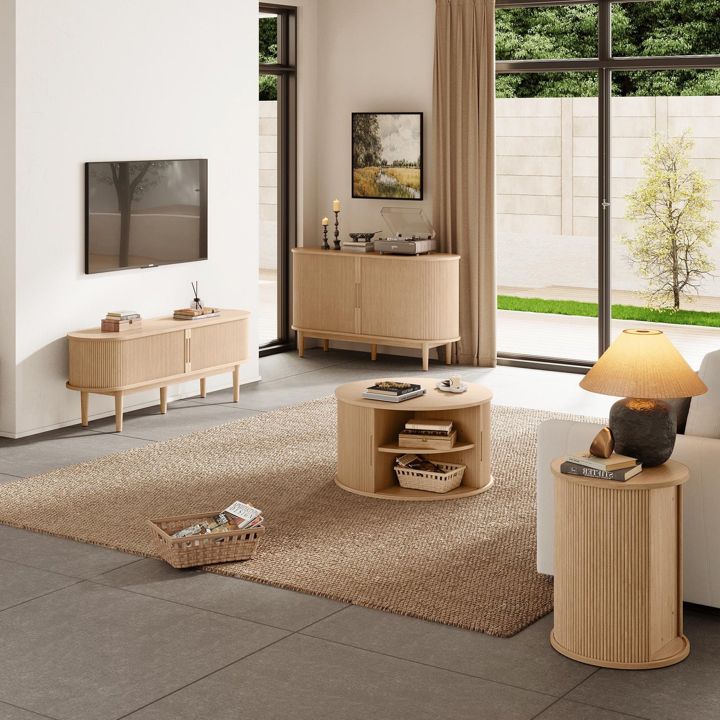 Fluted Round End Table for Living Room or Bedroom, Nightstand with Sliding Tambour Door and Adjustable Shelves