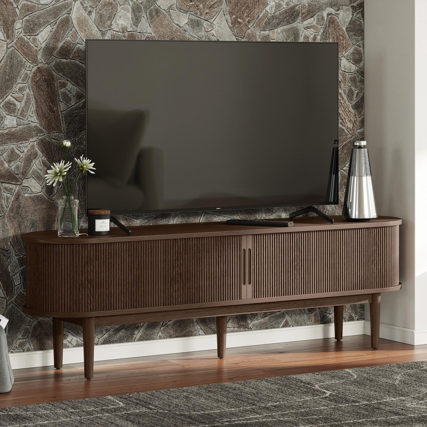 Fluted TV Stand for 65" TVs, Mid-Century Entertainment Center with Sliding Tambour Door & Adjustable Shelves