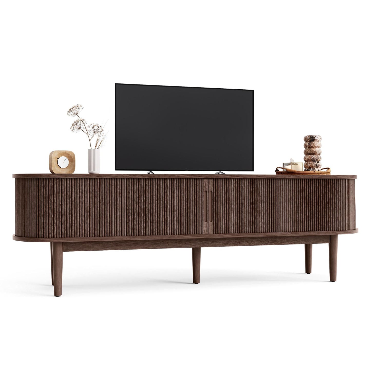 Fluted TV Stand for 65" TVs, Mid-Century Entertainment Center with Sliding Tambour Door & Adjustable Shelves