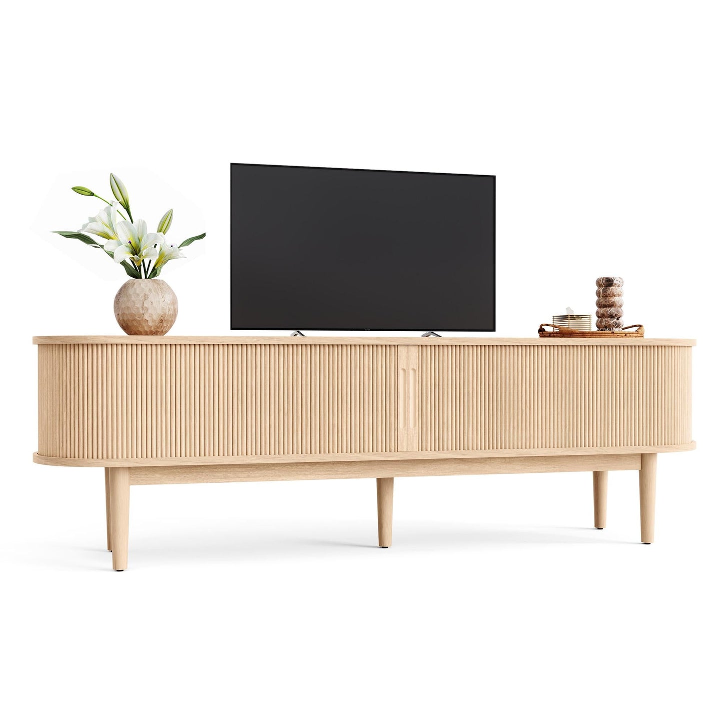 Fluted TV Stand for 65" TVs, Mid-Century Entertainment Center with Sliding Tambour Door & Adjustable Shelves