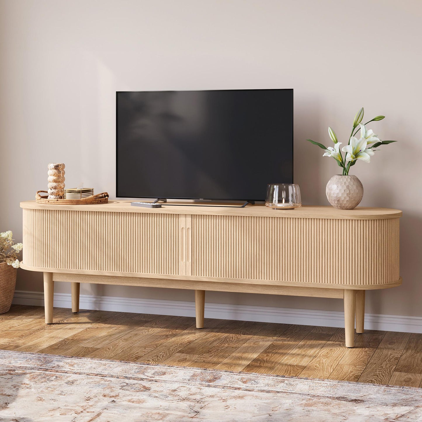 Fluted TV Stand for 65" TVs, Mid-Century Entertainment Center with Sliding Tambour Door & Adjustable Shelves