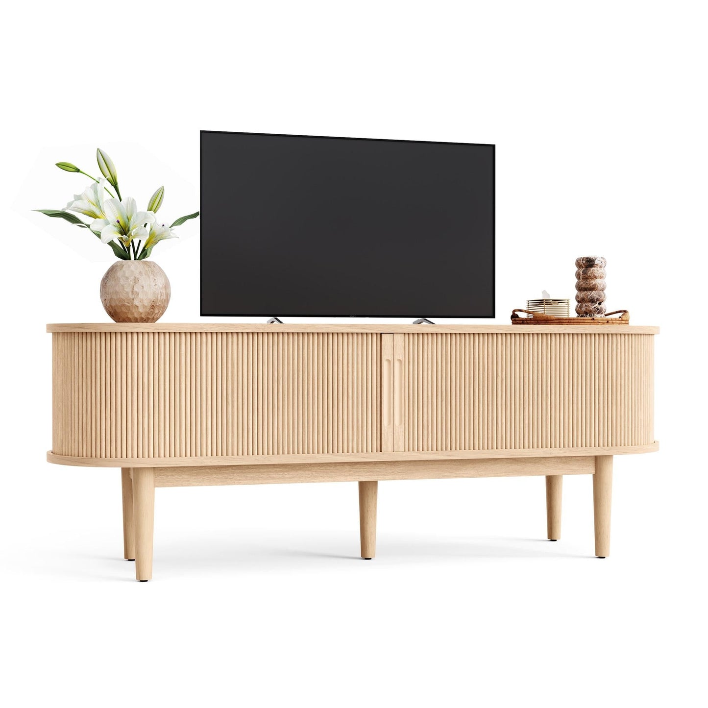 Fluted TV Stand for 65" TVs, Mid-Century Entertainment Center with Sliding Tambour Door & Adjustable Shelves
