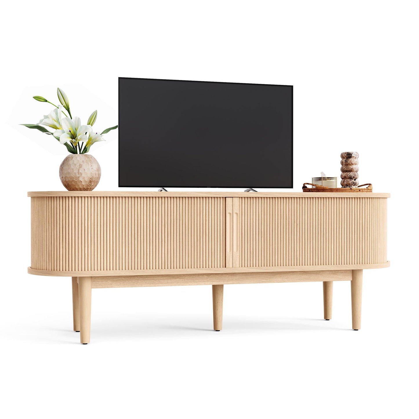 Fluted TV Stand for 65" TVs, Mid-Century Entertainment Center with Sliding Tambour Door & Adjustable Shelves