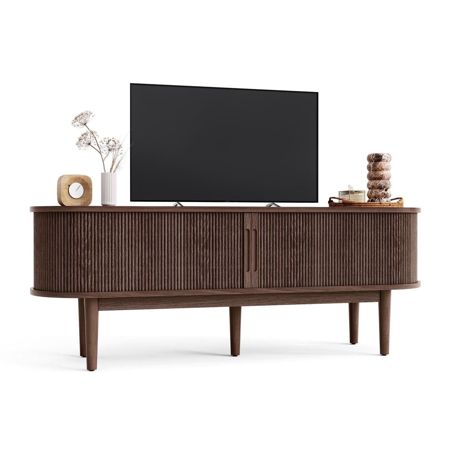 Fluted TV Stand for 65" TVs, Mid-Century Entertainment Center with Sliding Tambour Door & Adjustable Shelves