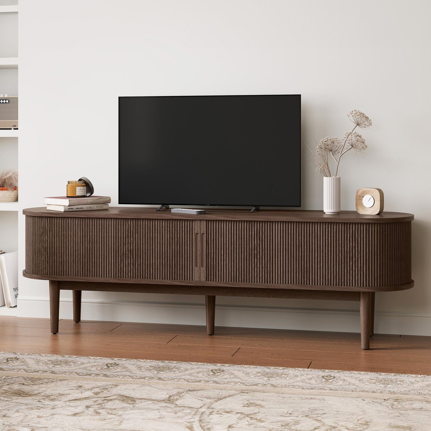 Fluted TV Stand for 65" TVs, Mid-Century Entertainment Center with Sliding Tambour Door & Adjustable Shelves