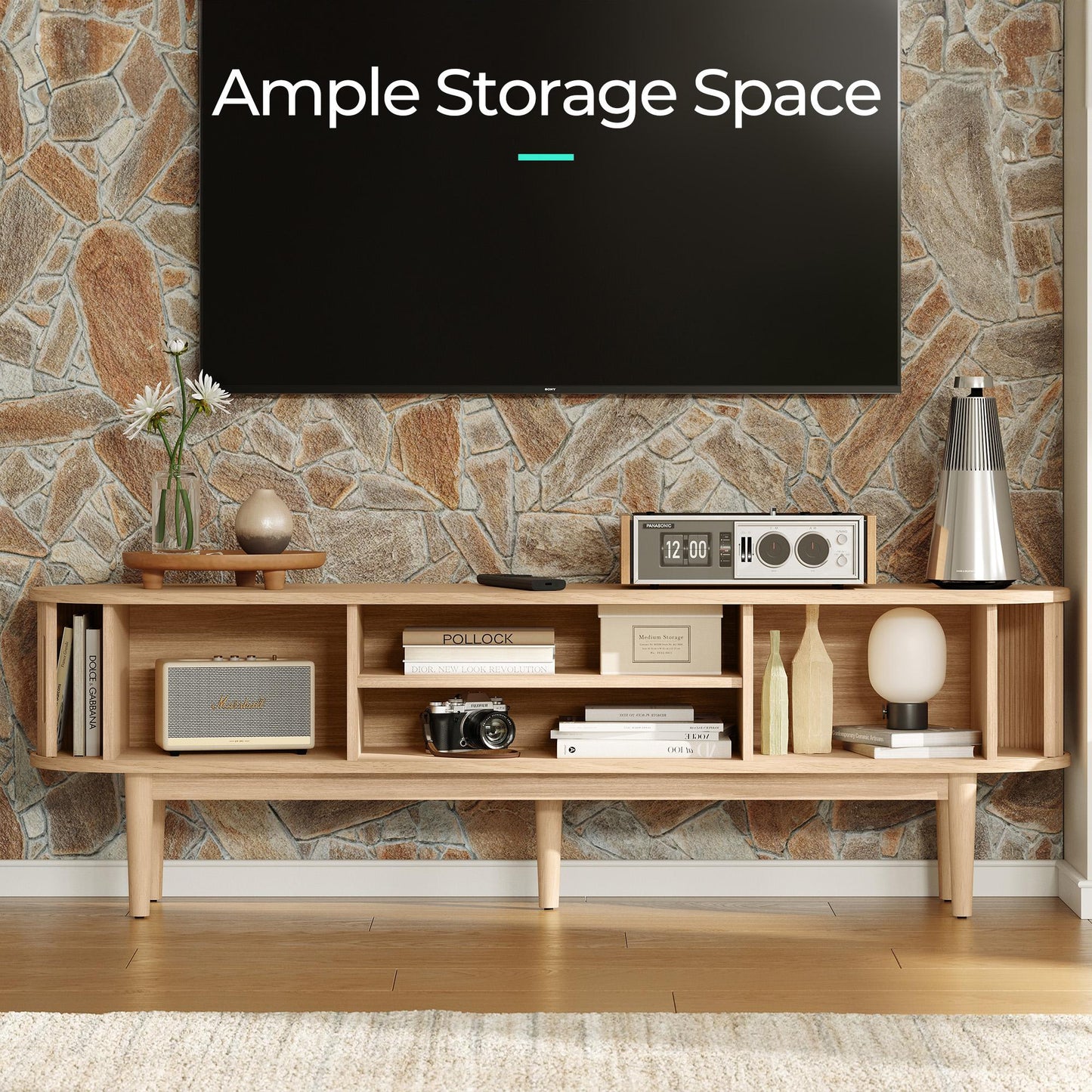 Fluted TV Stand for 65" TVs, Mid-Century Entertainment Center with Sliding Tambour Door & Adjustable Shelves