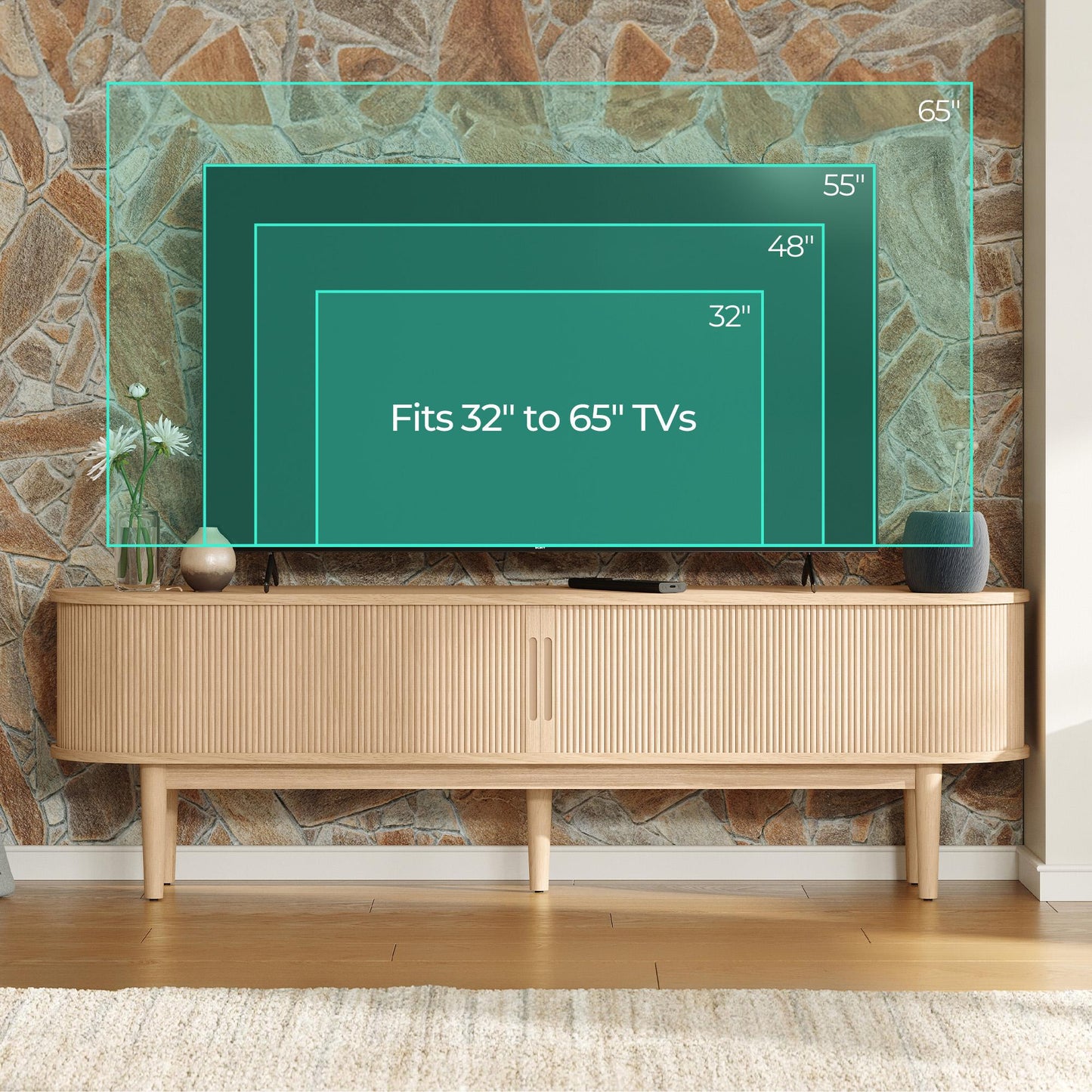 Fluted TV Stand for 65" TVs, Mid-Century Entertainment Center with Sliding Tambour Door & Adjustable Shelves