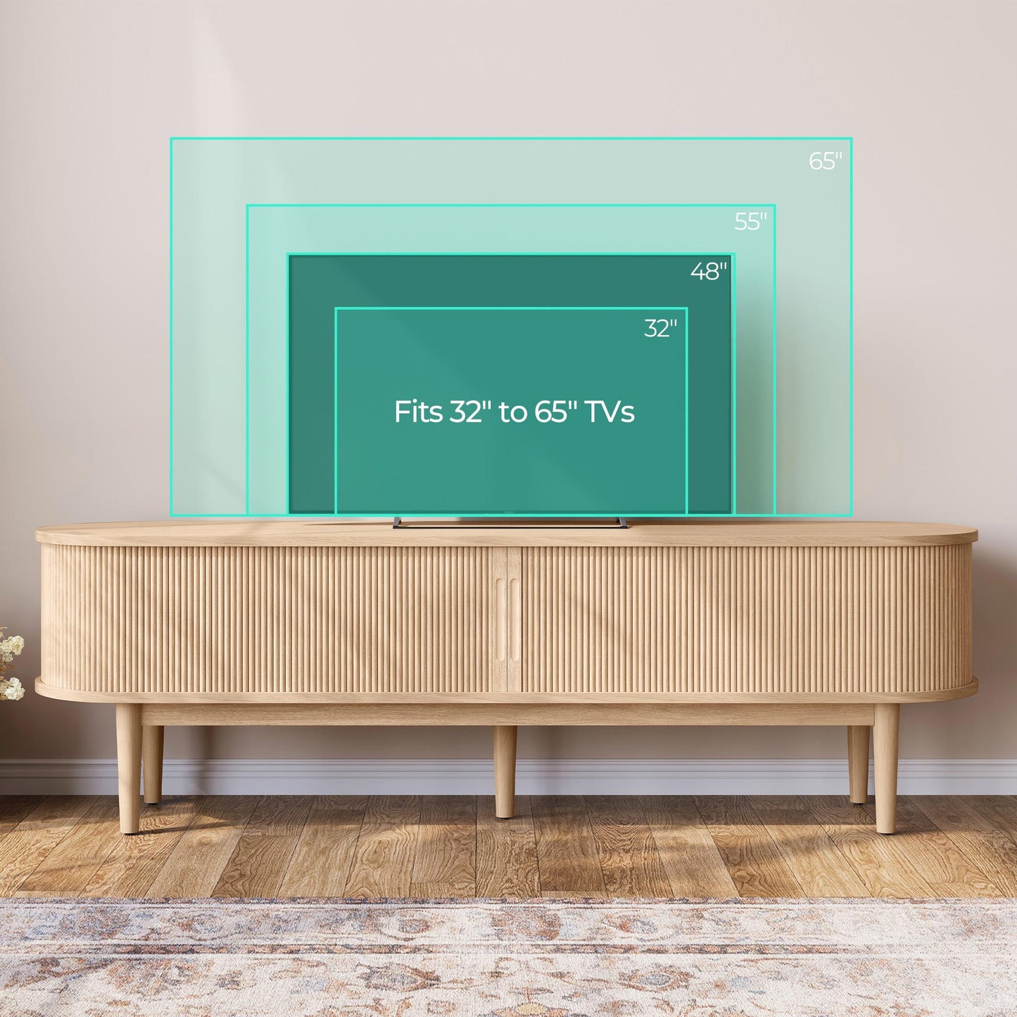 Fluted TV Stand for 65" TVs, Mid-Century Entertainment Center with Sliding Tambour Door & Adjustable Shelves