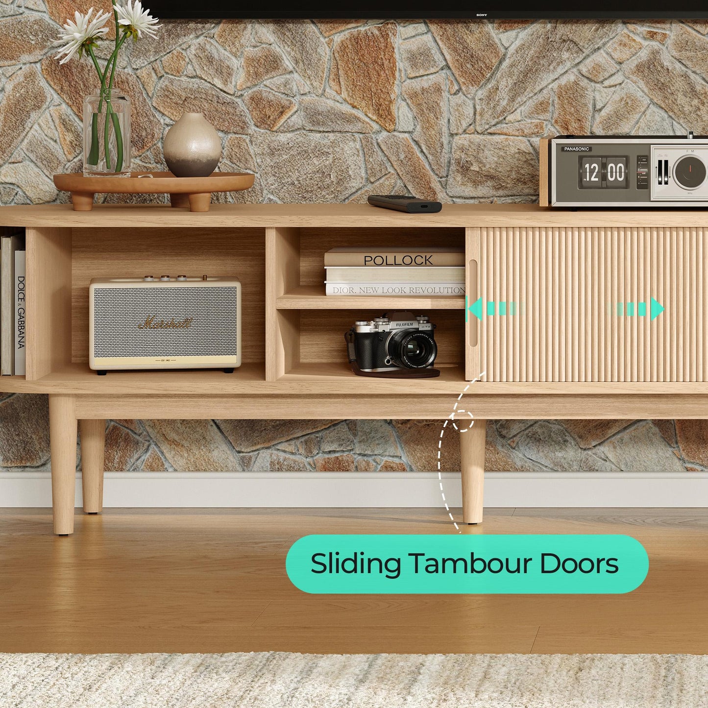 Fluted TV Stand for 65" TVs, Mid-Century Entertainment Center with Sliding Tambour Door & Adjustable Shelves