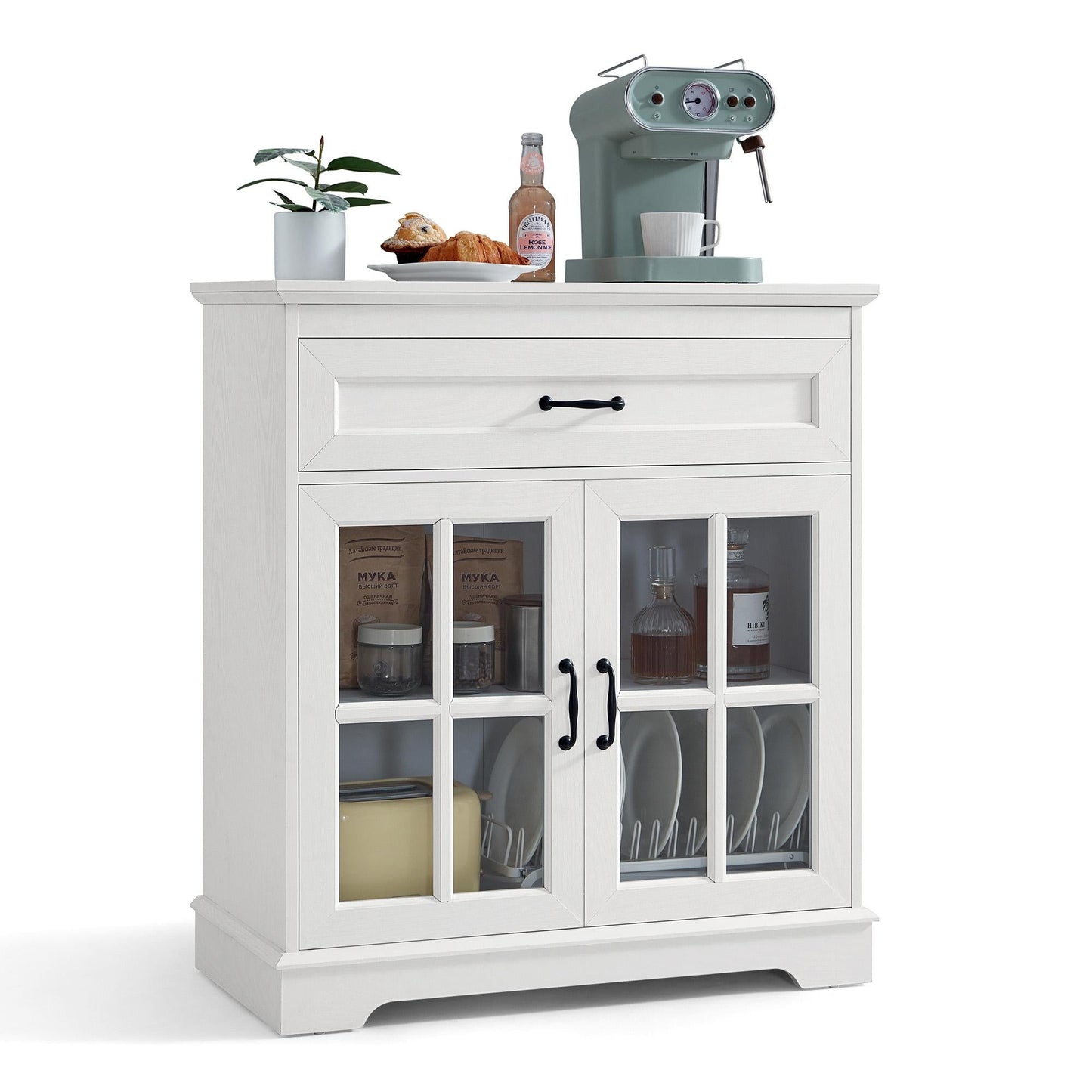 Glass Door Sideboard with Drawer, Adjustable Shelves, and Ample Storage for Kitchen, Dining, or Living Room