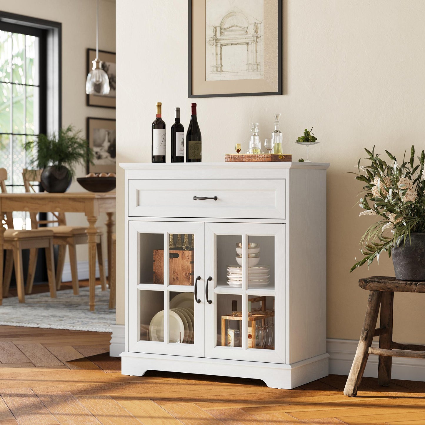Glass Door Sideboard with Drawer, Adjustable Shelves, and Ample Storage for Kitchen, Dining, or Living Room