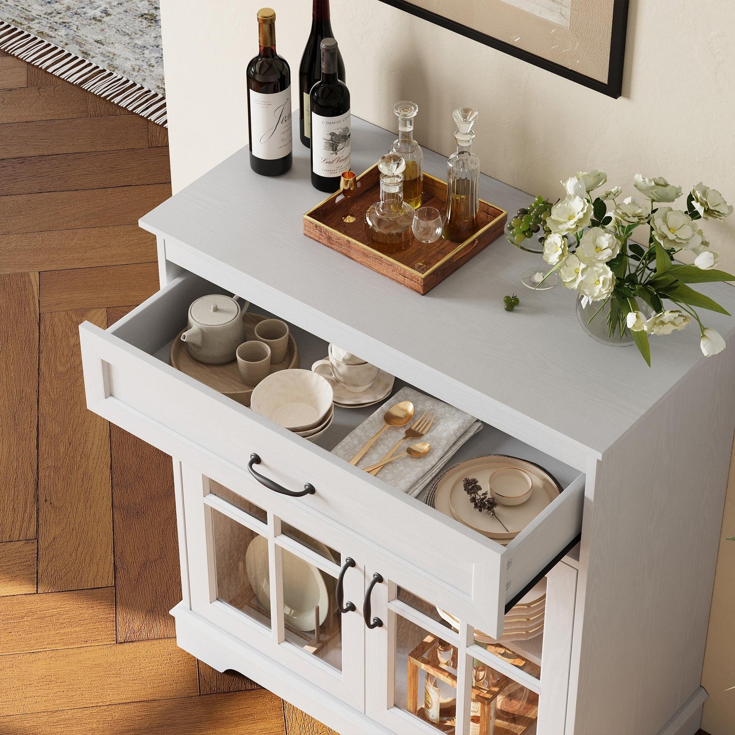 Glass Door Sideboard with Drawer, Adjustable Shelves, and Ample Storage for Kitchen, Dining, or Living Room