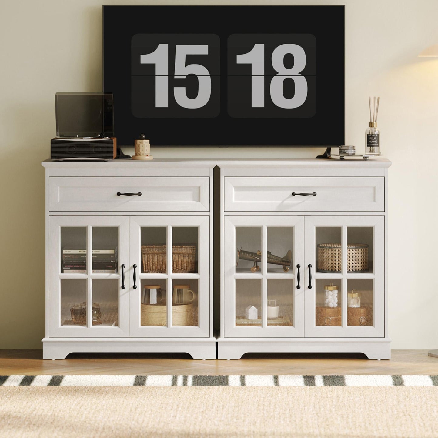 Glass Door Sideboard with Drawer, Adjustable Shelves, and Ample Storage for Kitchen, Dining, or Living Room