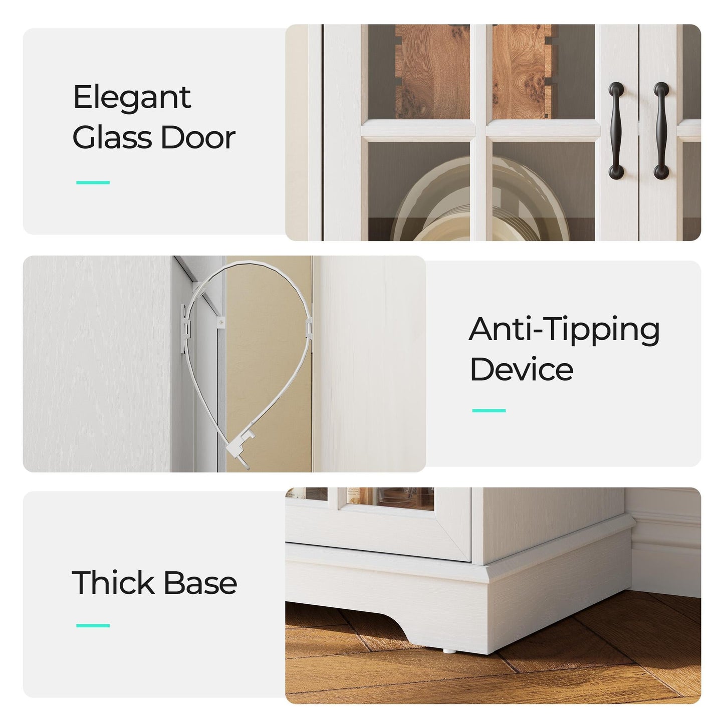 Glass Door Sideboard with Drawer, Adjustable Shelves, and Ample Storage for Kitchen, Dining, or Living Room