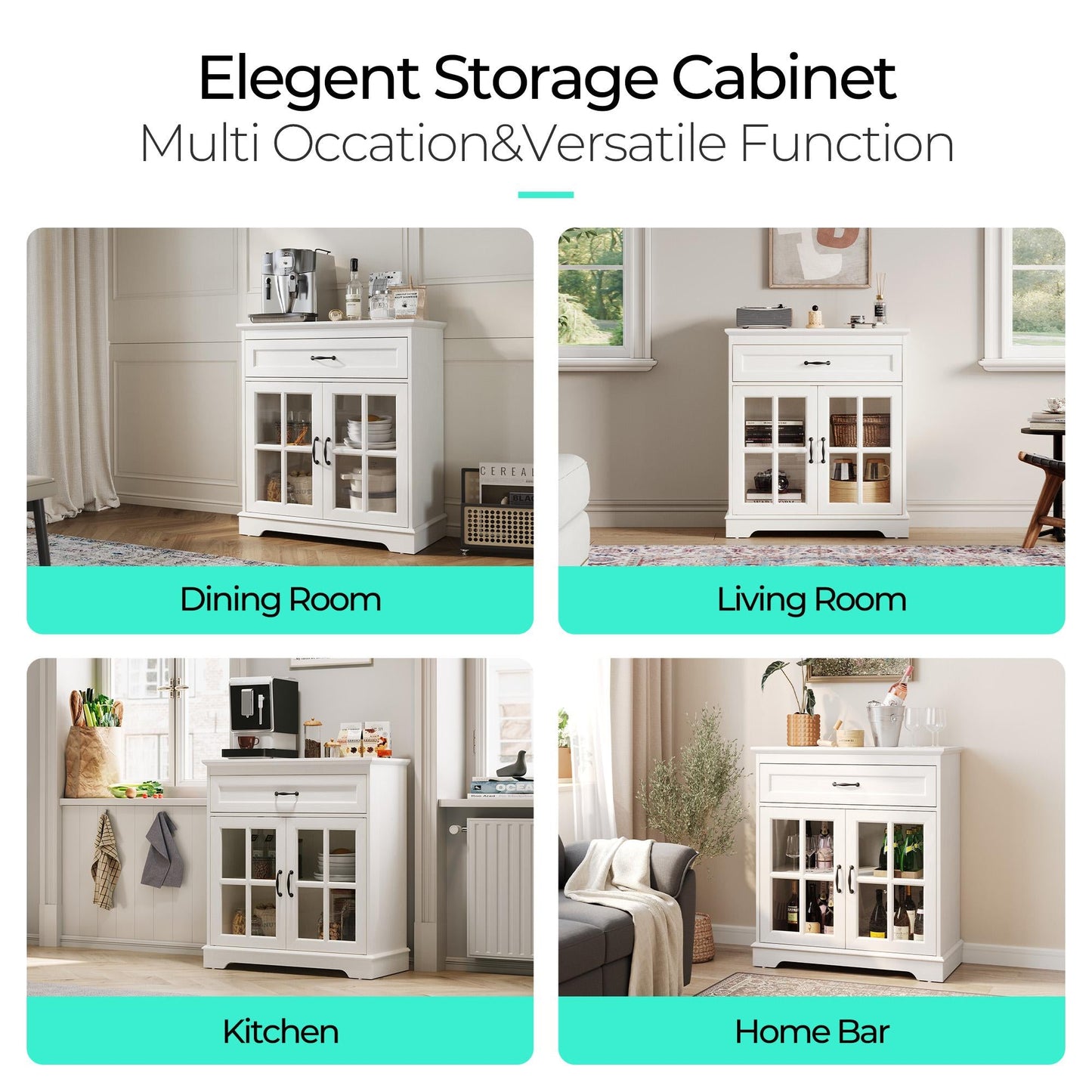 Glass Door Sideboard with Drawer, Adjustable Shelves, and Ample Storage for Kitchen, Dining, or Living Room