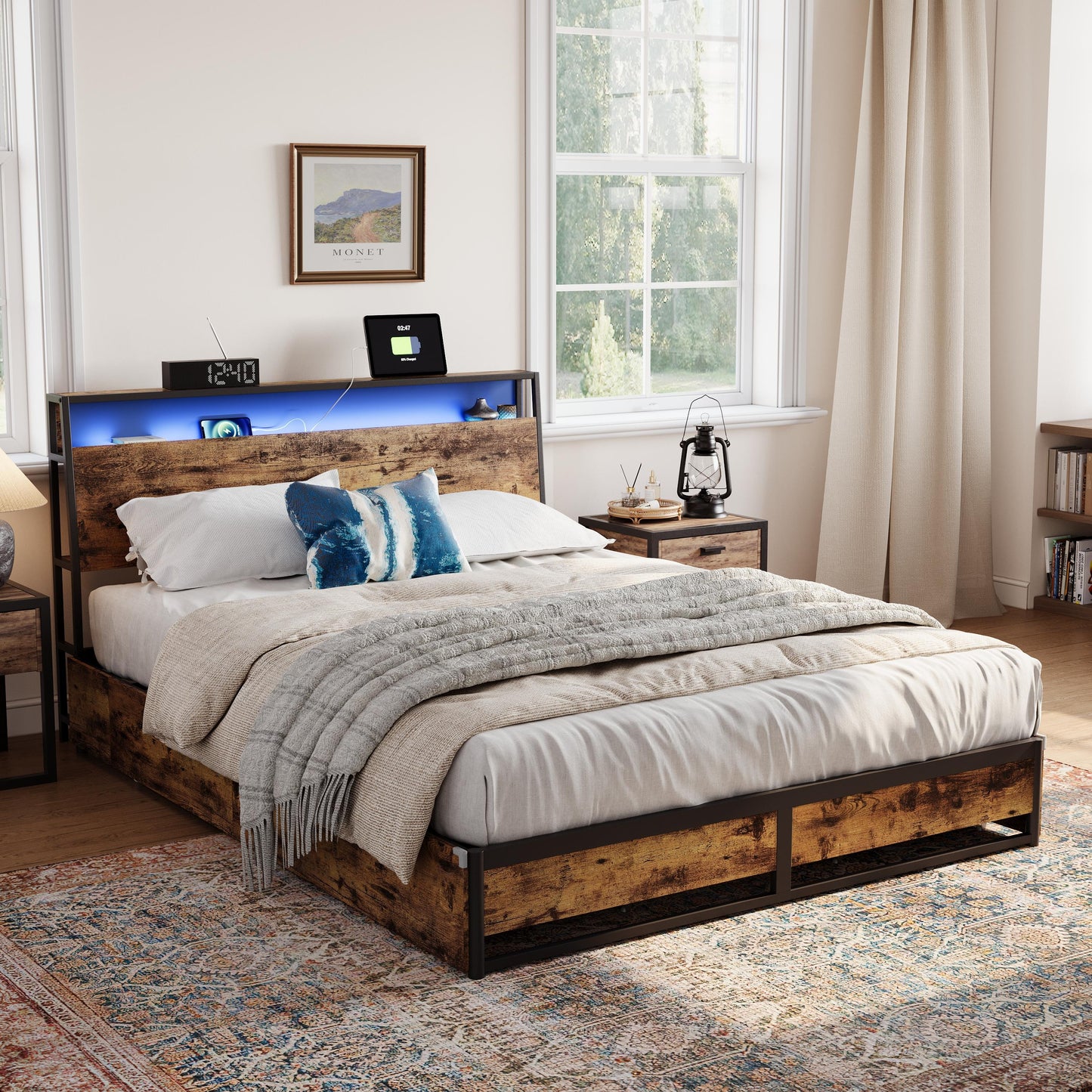 Metal Bed Frame with Drawers, Headboard Shelf, Charging, LED
