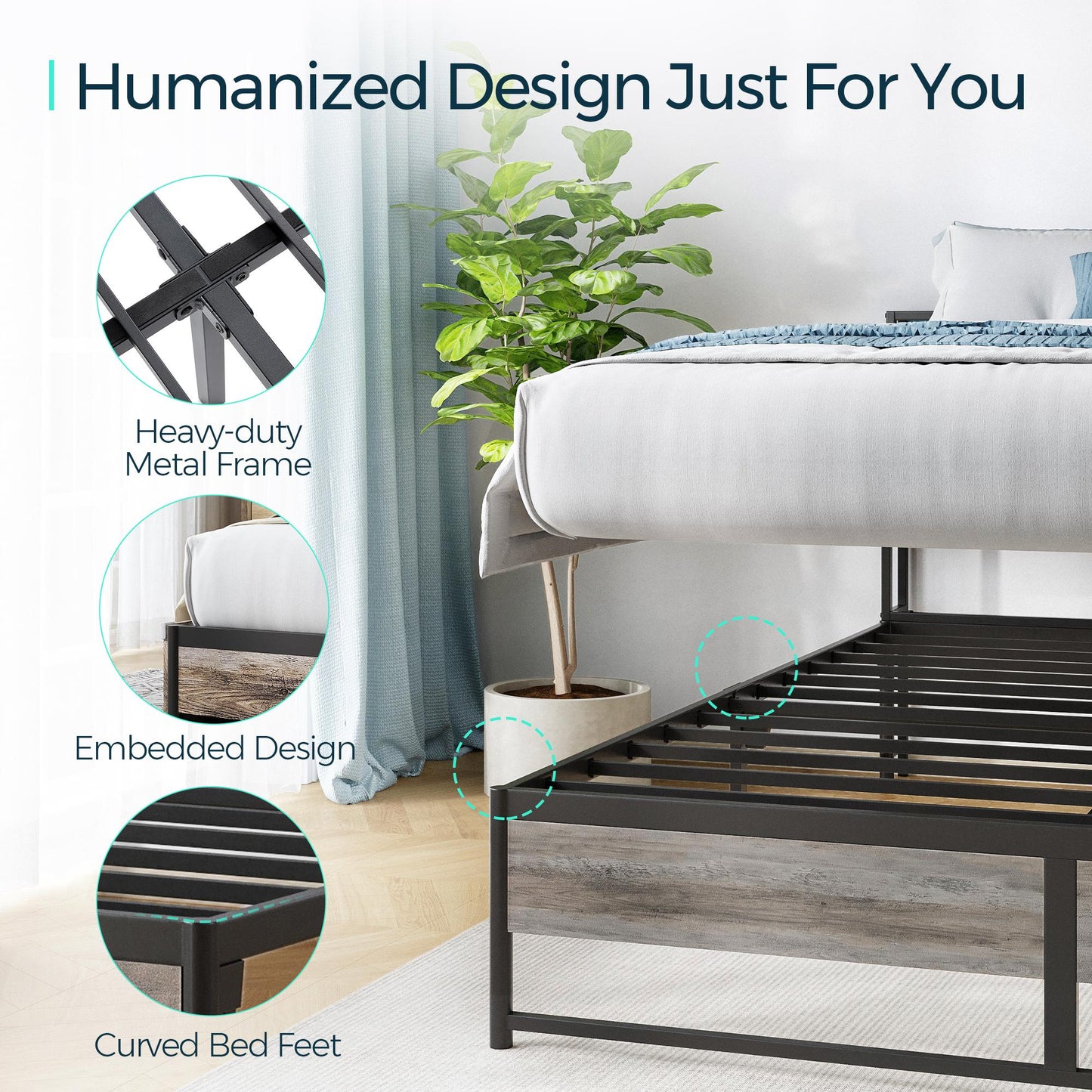 Metal Bed Frame with Drawers, Headboard Shelf, Charging, LED