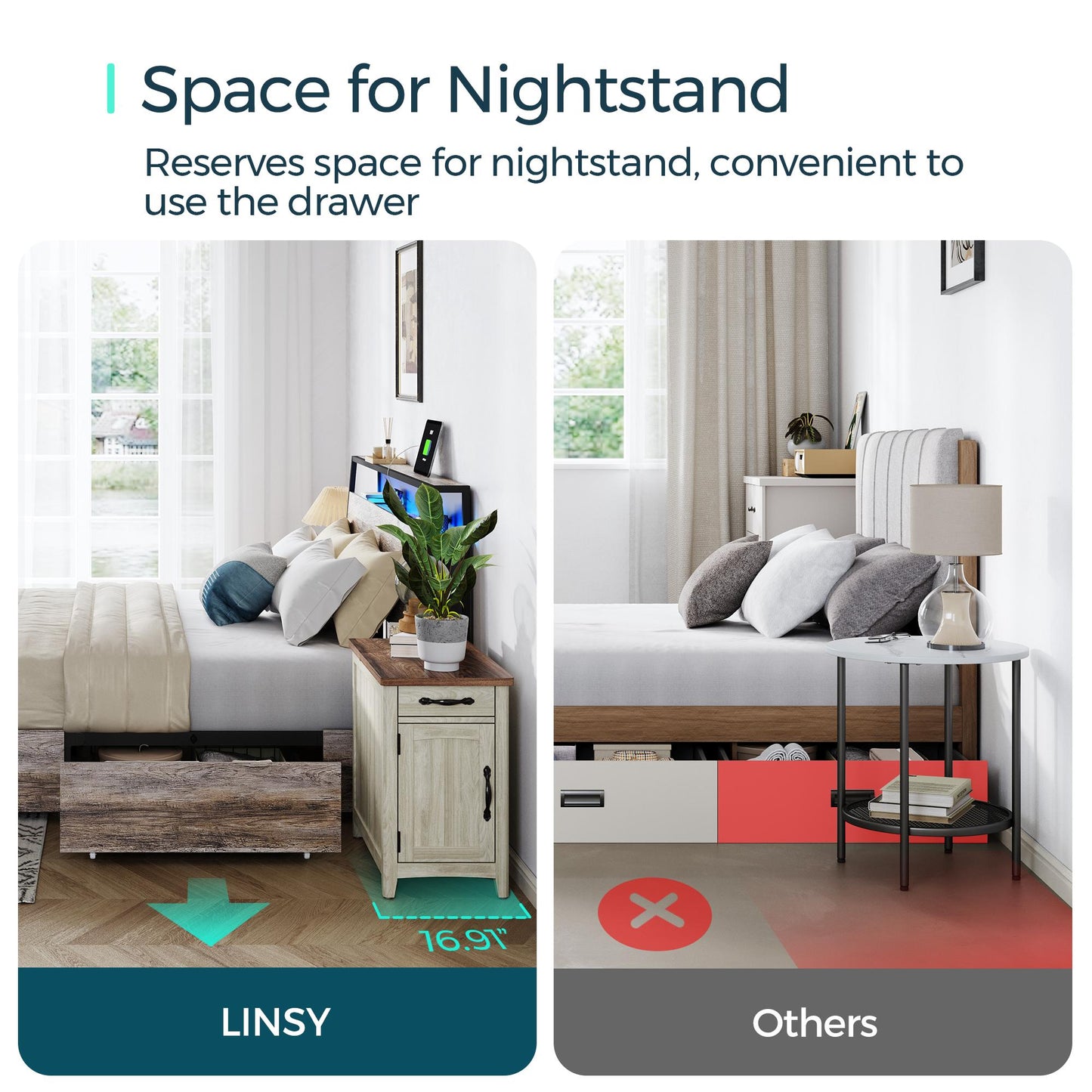 Metal Bed Frame with Drawers, Headboard Shelf, Charging, LED
