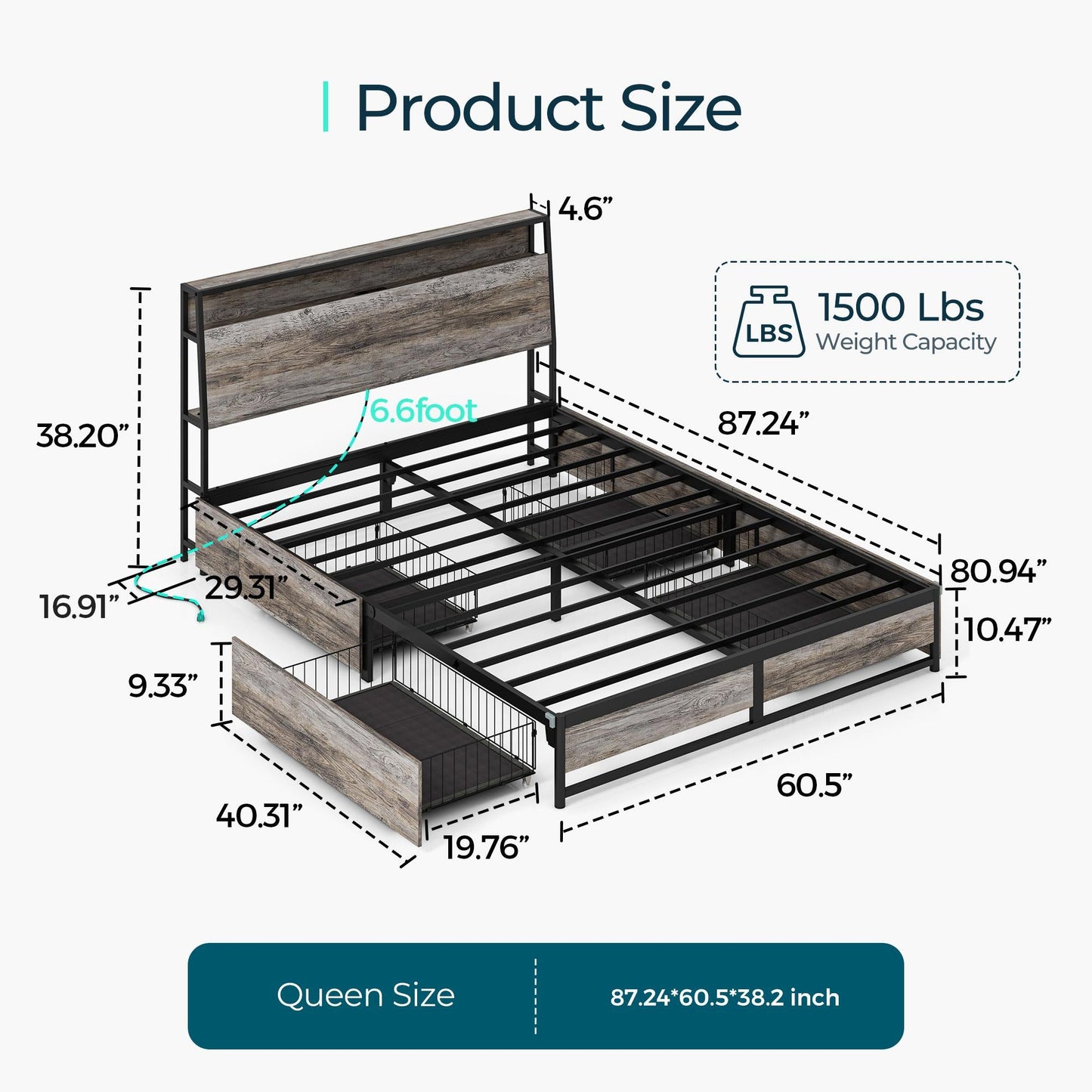 Metal Bed Frame with Drawers, Headboard Shelf, Charging, LED