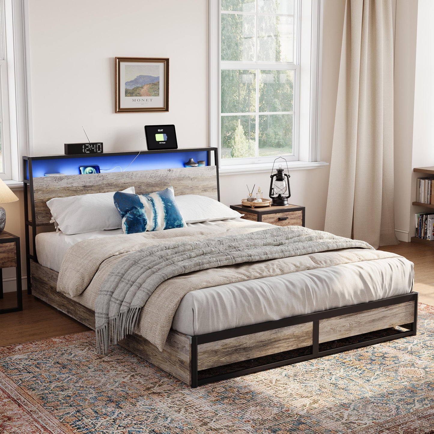 Metal Bed Frame with Drawers, Headboard Shelf, Charging, LED