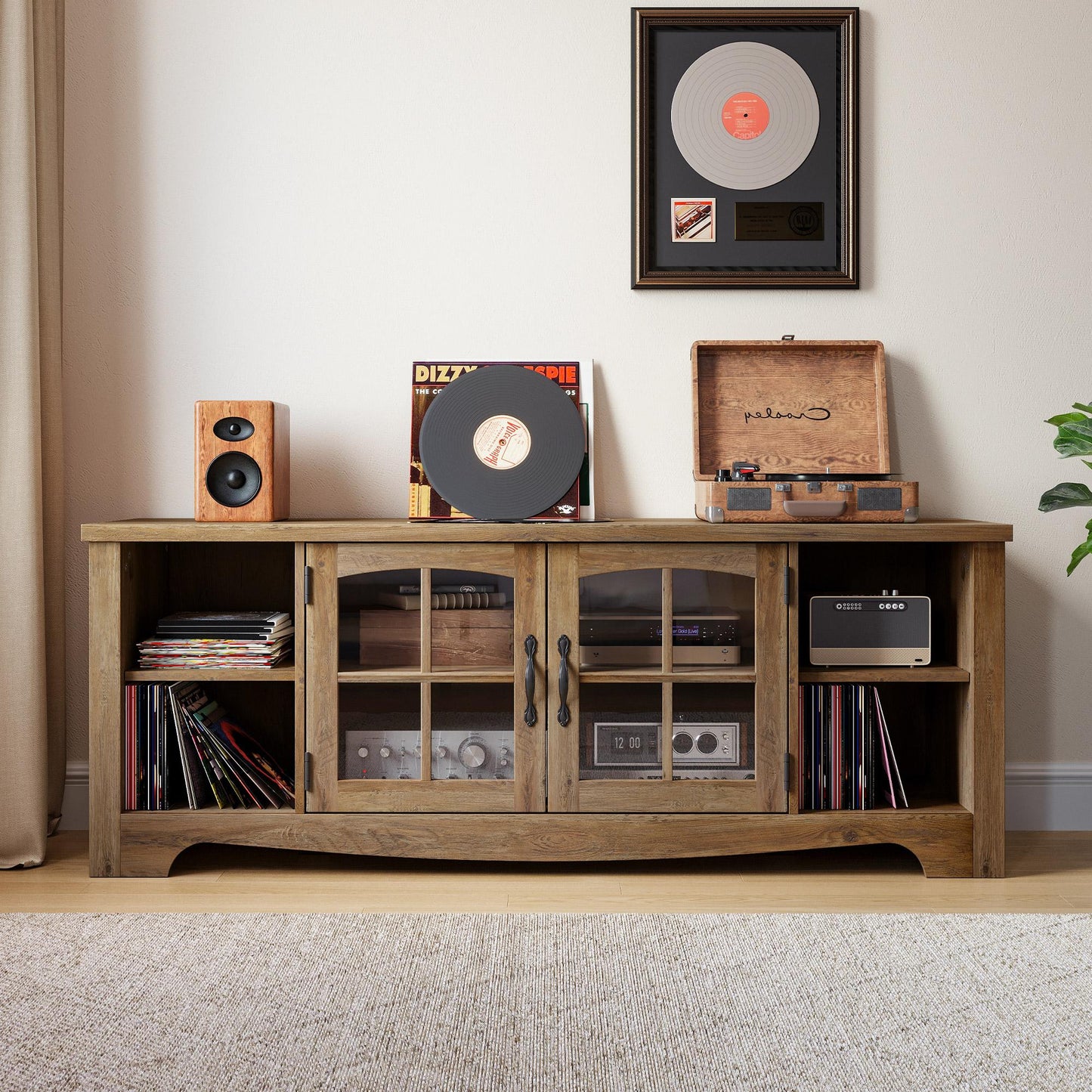 Modern Farmhouse TV Stand for TVs up to 65", Home Entertainment Center with Storage Cabinet