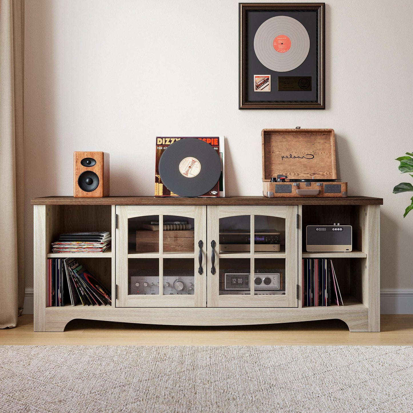 Modern Farmhouse TV Stand for TVs up to 65", Home Entertainment Center with Storage Cabinet