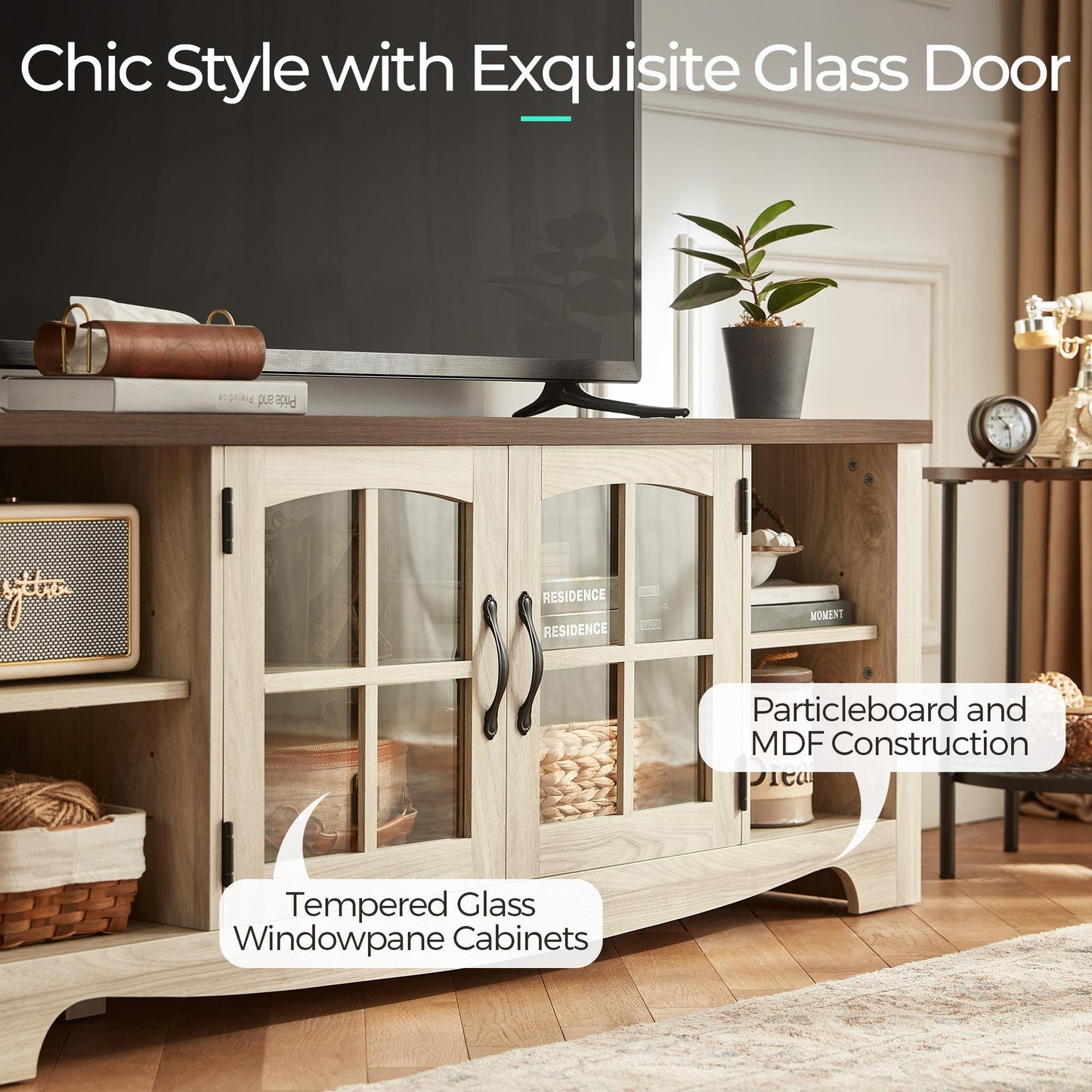 Modern Farmhouse TV Stand for TVs up to 65", Home Entertainment Center with Storage Cabinet