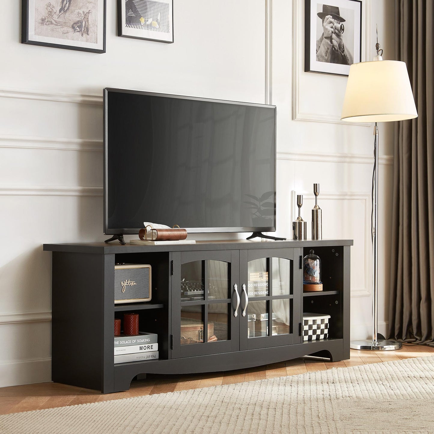 Modern Farmhouse TV Stand for TVs up to 65", Home Entertainment Center with Storage Cabinet