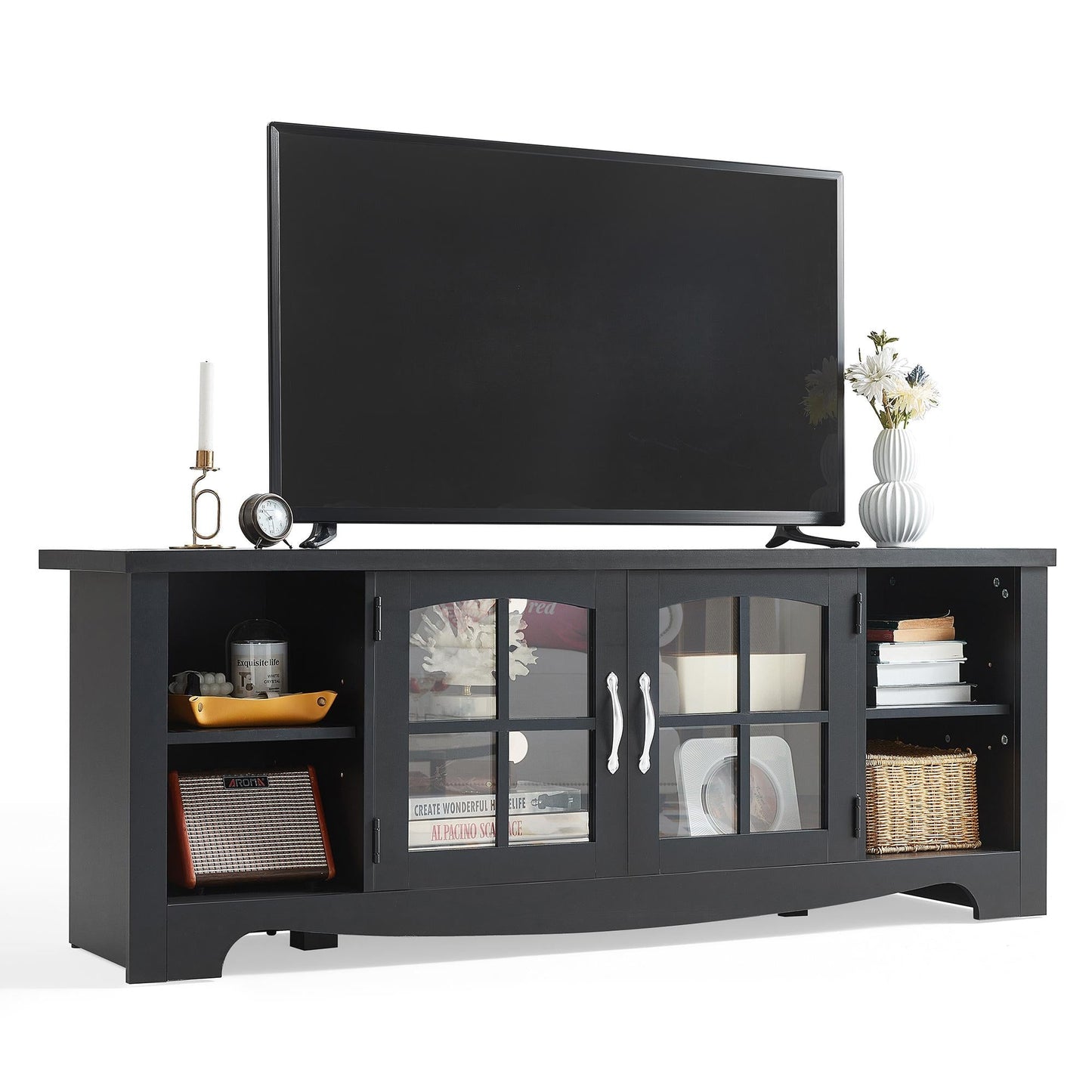 Modern Farmhouse TV Stand for TVs up to 65", Home Entertainment Center with Storage Cabinet