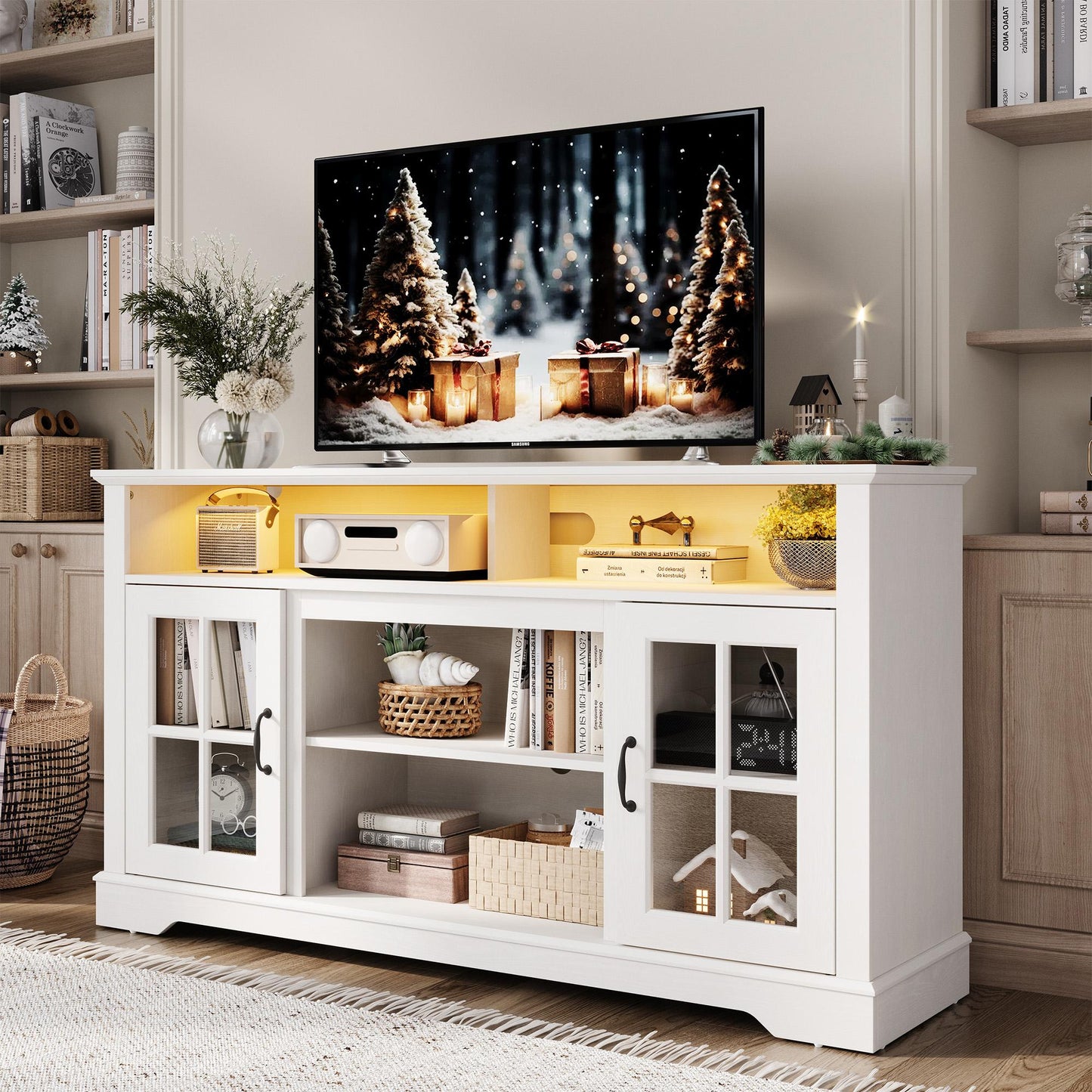 Modern Glass TV Stand for 65" TVs, Entertainment Center with LED Lights, Storage Cabinets & Adjustable Shelves