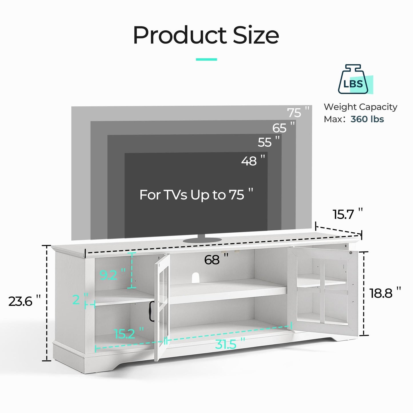 Modern Glass TV Stand for 65" TVs, Entertainment Center with LED Lights, Storage Cabinets & Adjustable Shelves